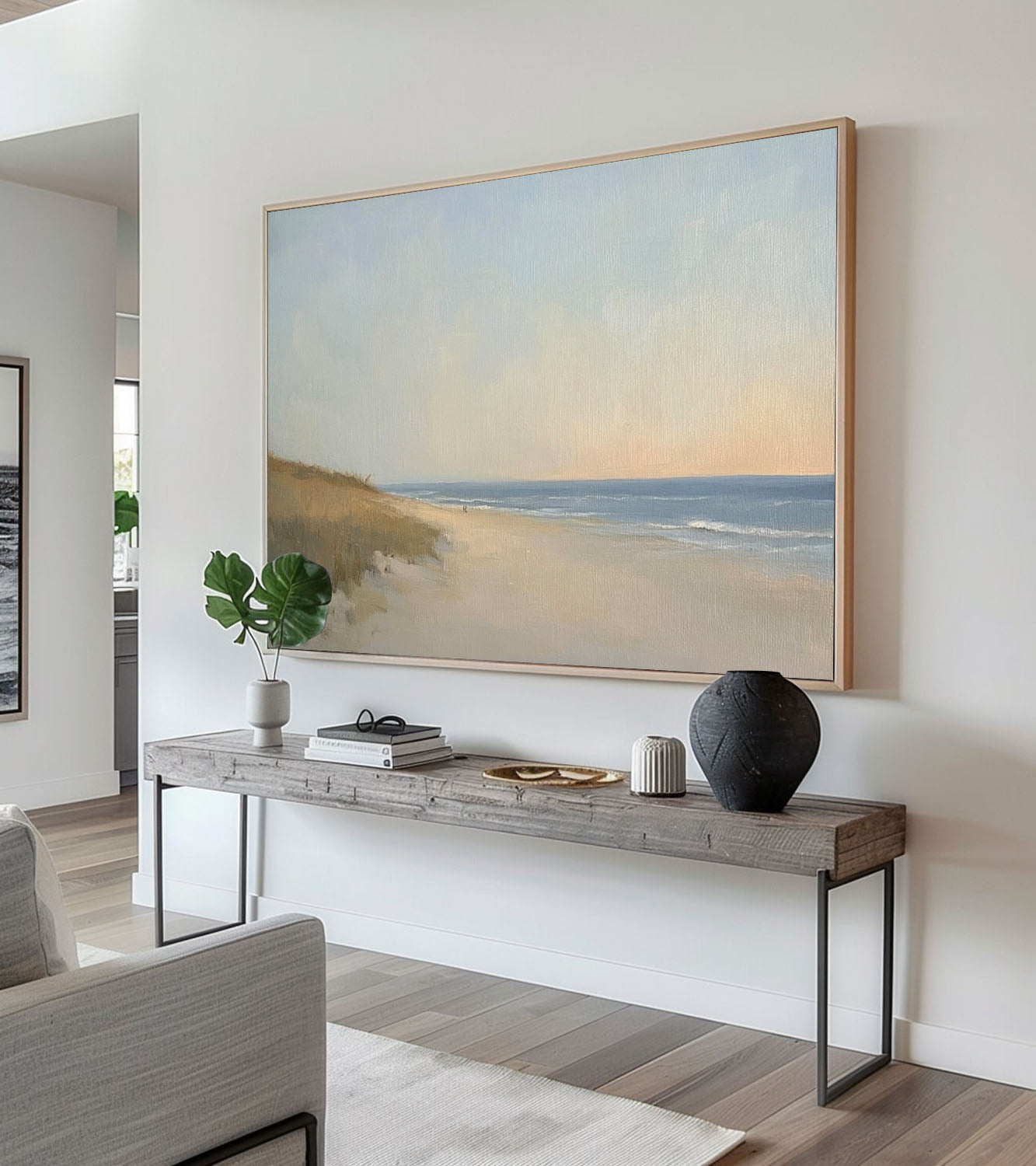 Vintage Neutral Beach Landscape Oil Painting Neutral Coastal Oil Painting On Canvas Large Original Seaside Art