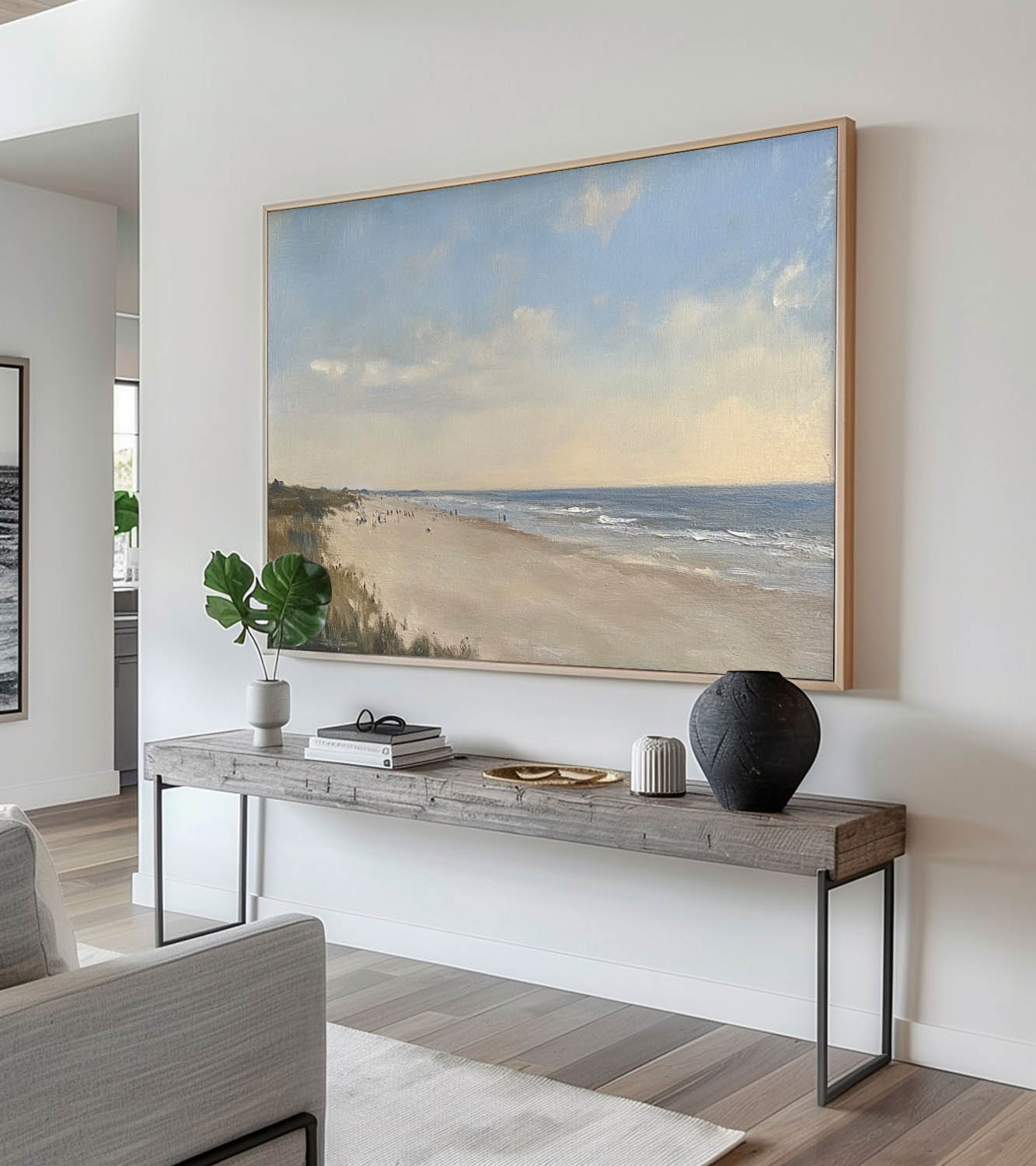 Vintage Neutral Beach Oil Painting Retro Large Beach Canvas Art Neutral Toned Beach Landscape On Canvas