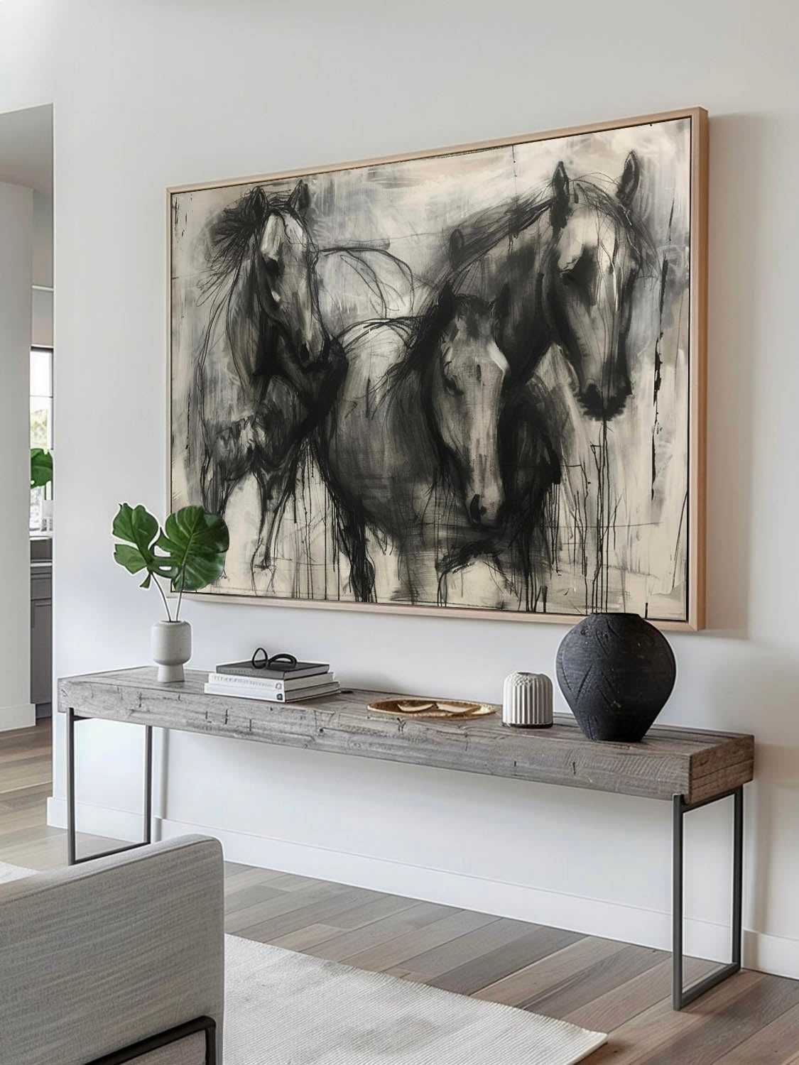 Vintage Black Horse Abstract Canvas Art Original Minimalist Horse Artwork Large Abstract Horse Canvas Art