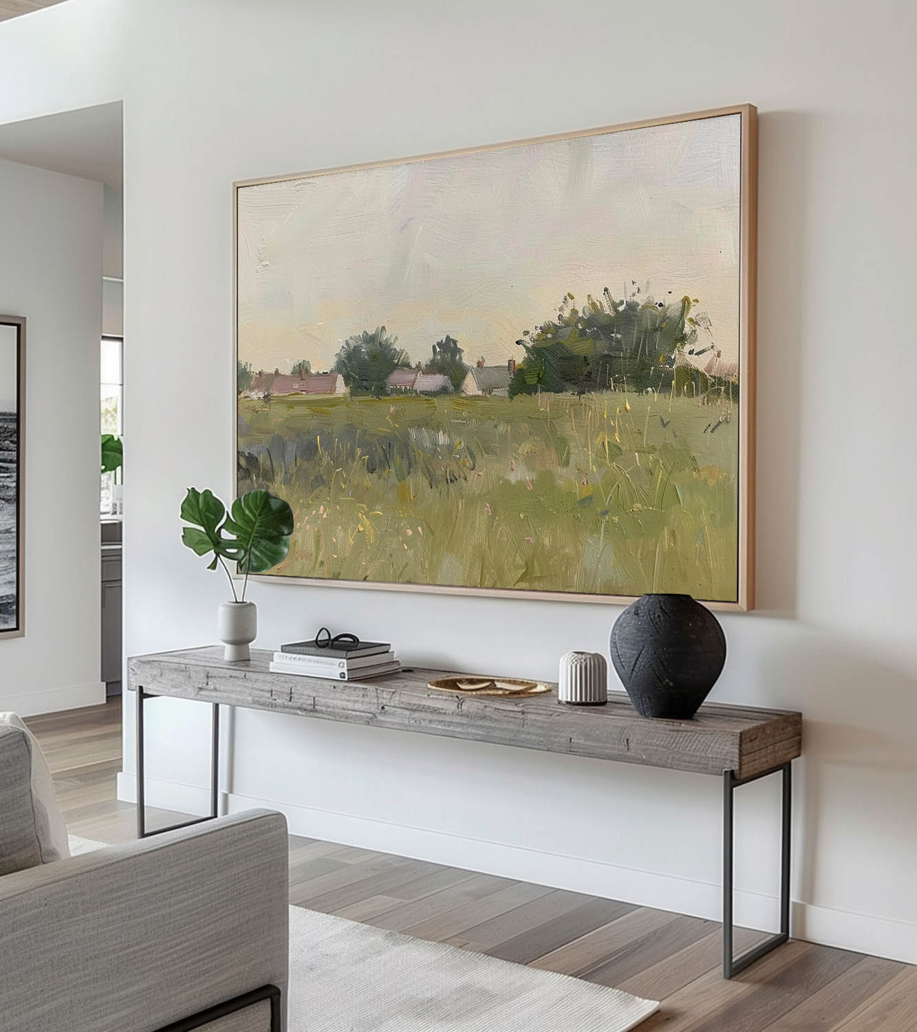 Vintage Neutral Beach Landscape Oil Painting Large Retro Coastal Wall Decor Large Retro Country Landscape Painting On Canvas