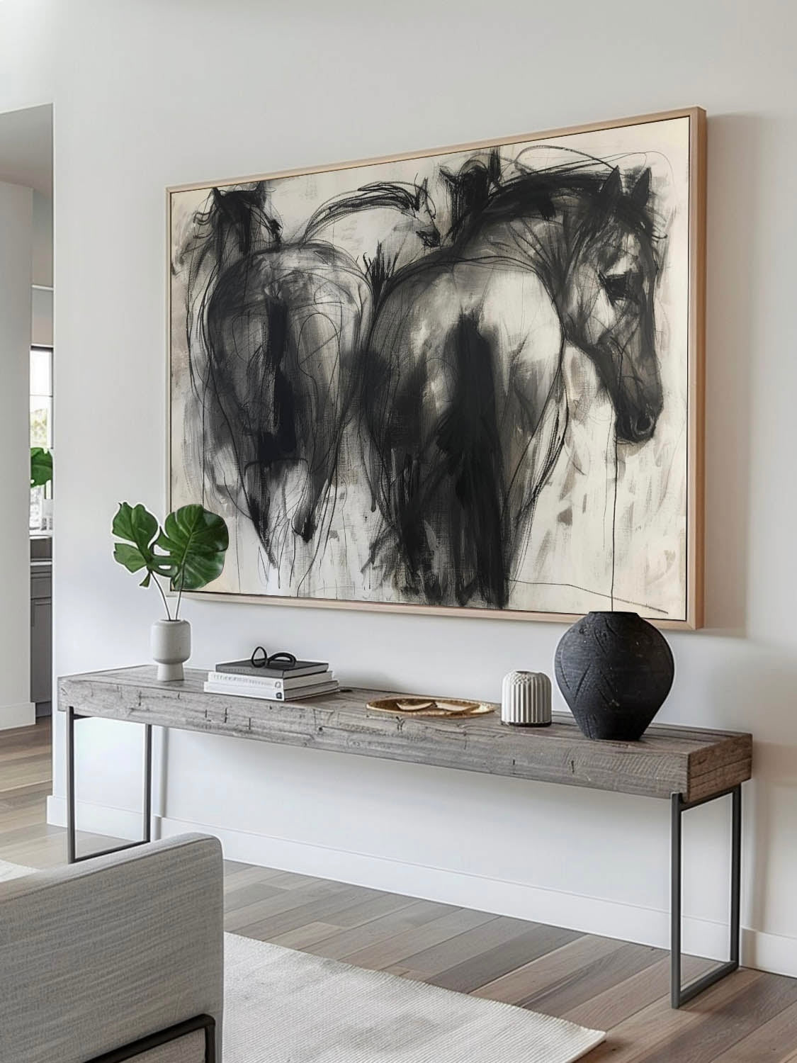 Vintage Black Horse Acrylic Painting Large Original Abstract Canvas Art Neutral Abstract Horse Acrylic Art