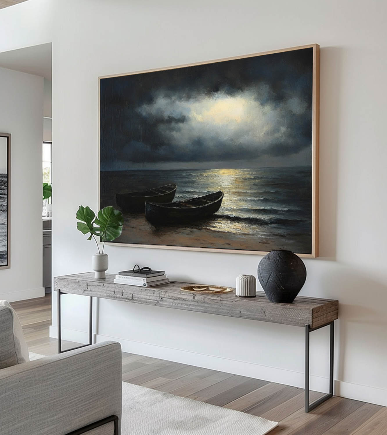 Minimalist Nighttime Seaside Oil Painting Wabi Sabi Vintage Boat At Night Painting Large Original Coastal Boat Art