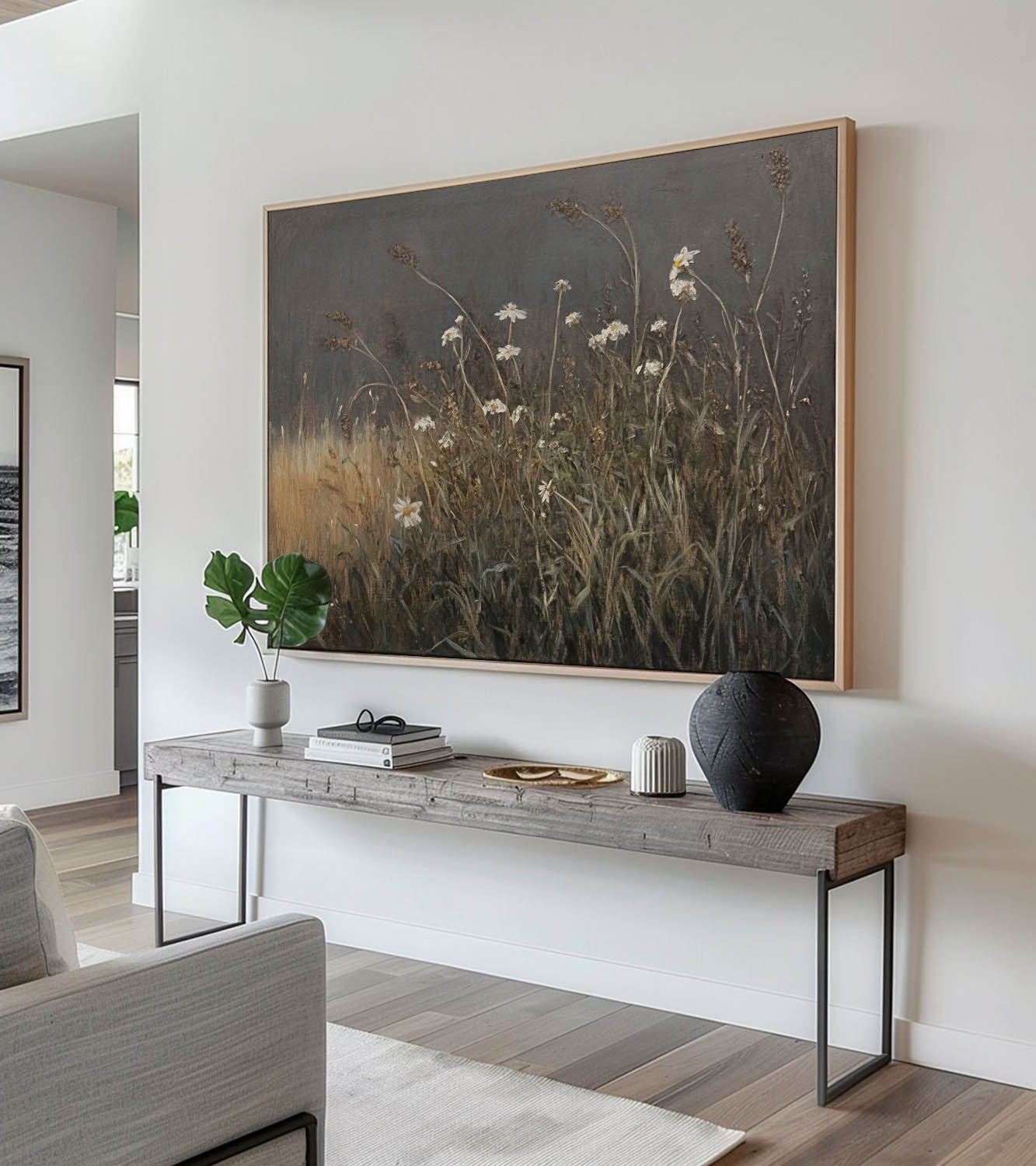 Retro Minimalist Wild Grass Oil Painting On Canvas Neutral Wild Grass Canvas Art Vintage Wabi Sabi Floral Wall Decor