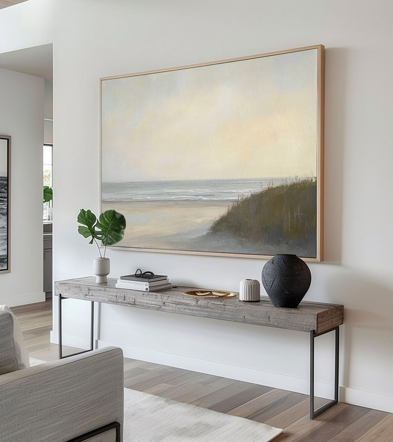 Vintage Seaside Wall Art Retro Beach Oil Painting Wabi Sabi Beach Landscape On Canvas Neutral Tone Beach Painting