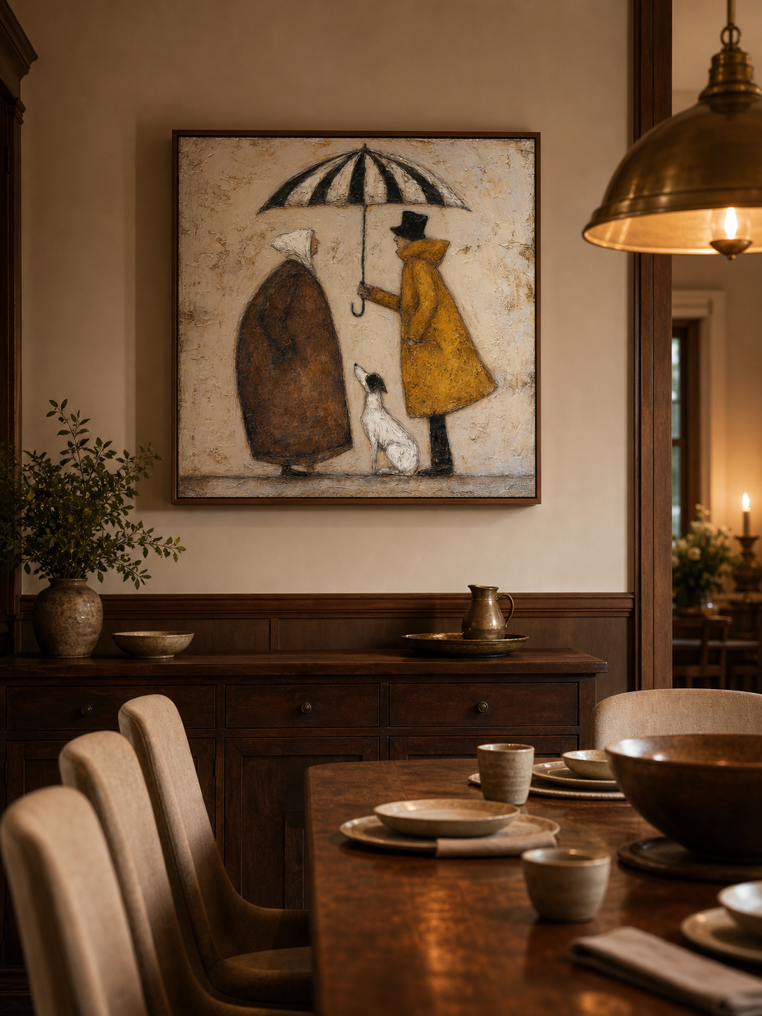 Folk Minimalist Wall Art Vintage Figures Canvas Painting For Big Entryway