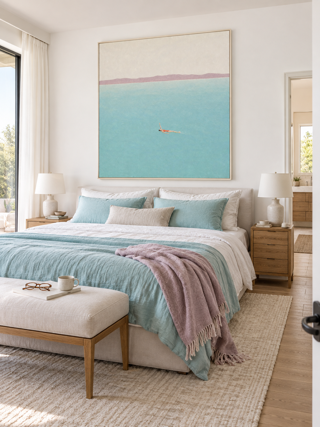 Woman Backstroke Swimming Across Turquoise Open Water Hand Painted Wall Art
