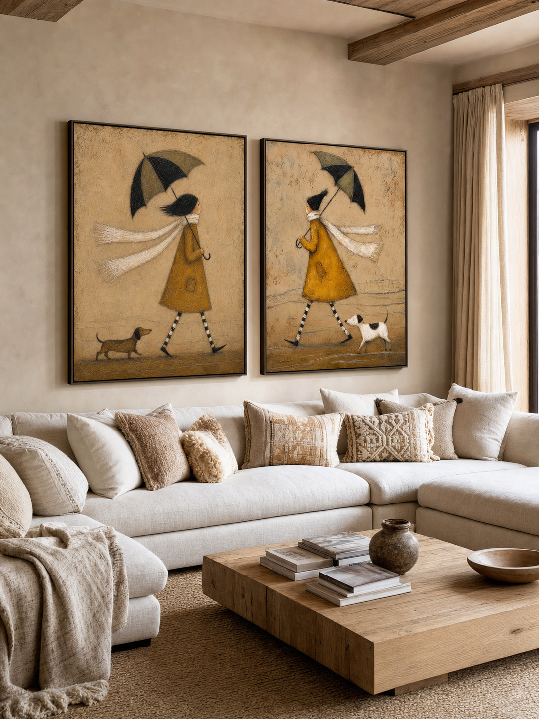 Whimsical Yellow Raincoat Painting With Dog And Umbrella For Modern Entryway Decor