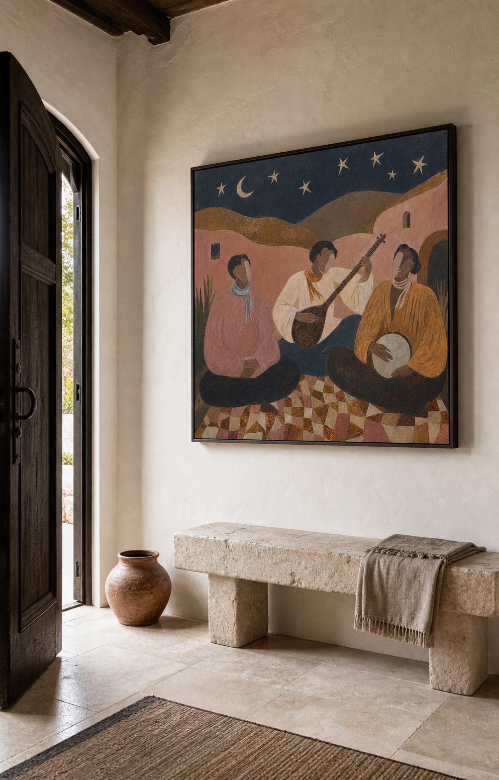 Vintage Folk Music Painting With Musicians Under Stars For Living Room Decor