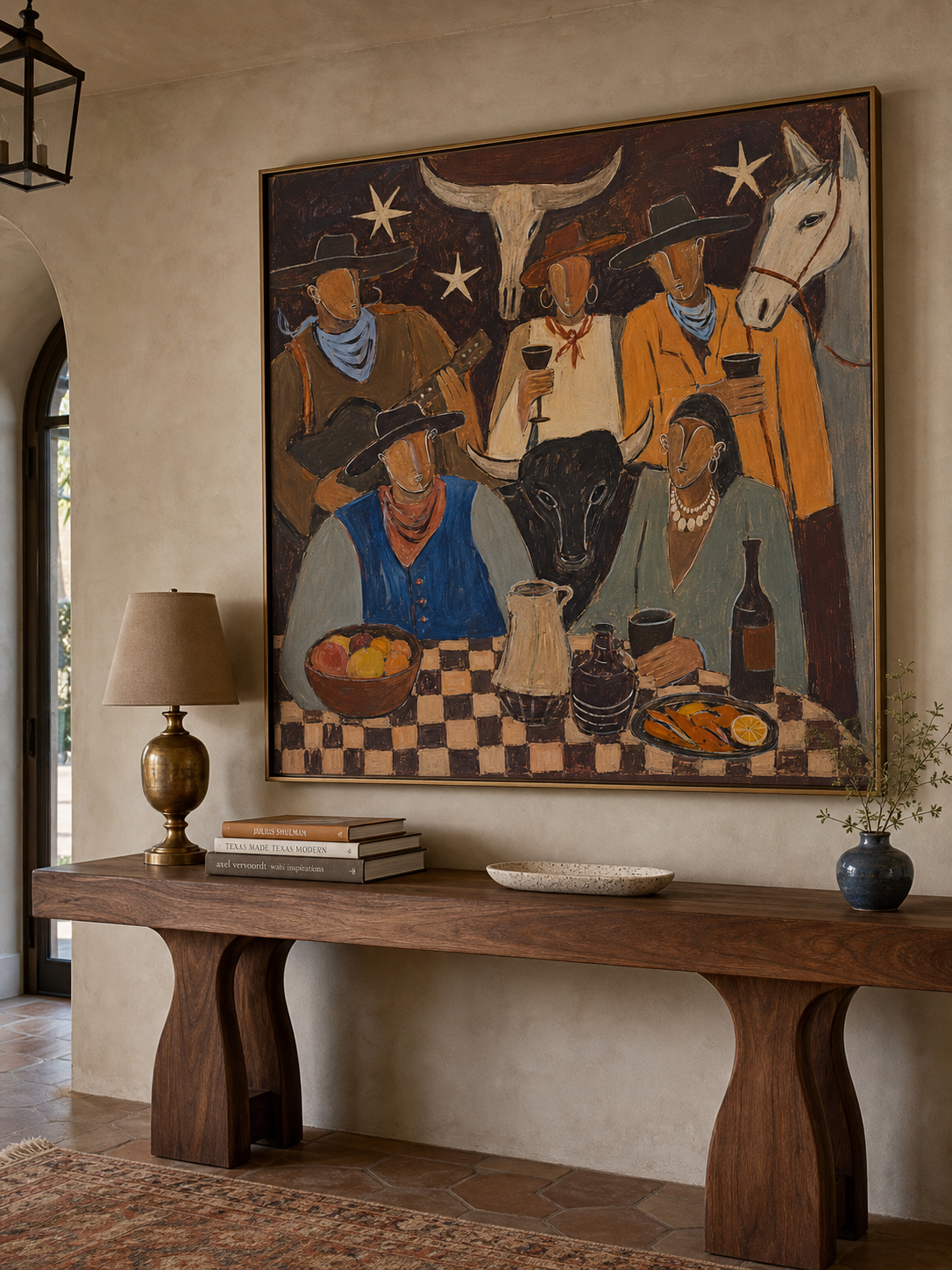 Hand Painted Cowboy Gathering Painting Southwestern Folk Table Scene Wall Art Rustic Western Artwork