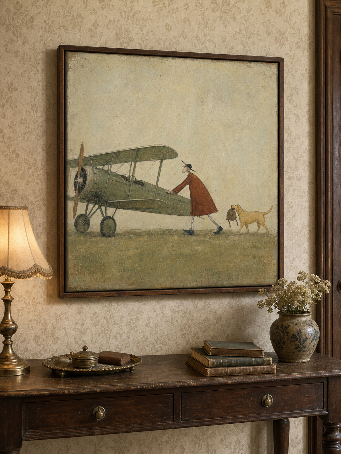 Vintage Airplane And Dog Painting Original Art For Study Room Decor