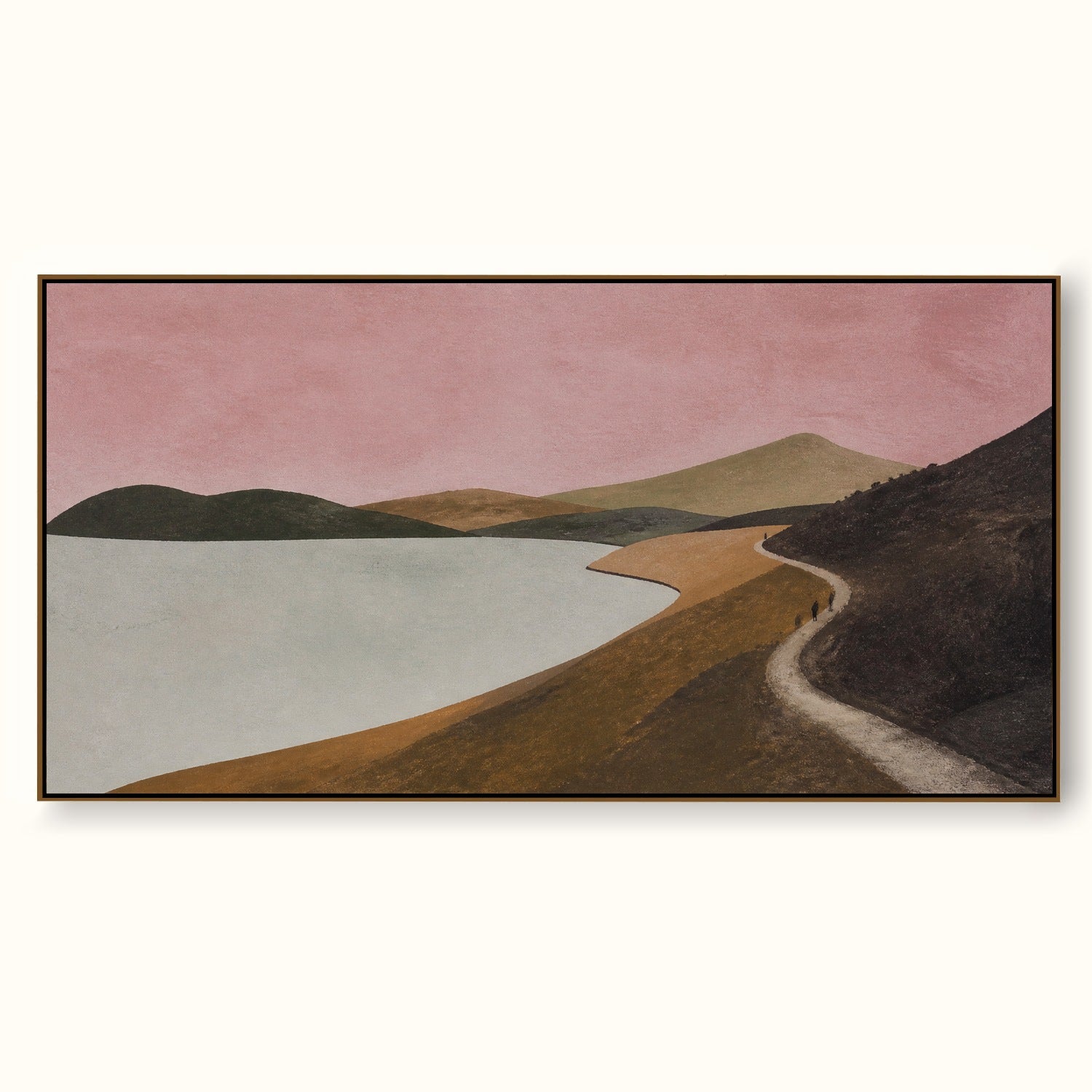 Minimalist Mountain Lake Painting With Tiny Travelers In Pink Sky Hand-Painted Canvas Art