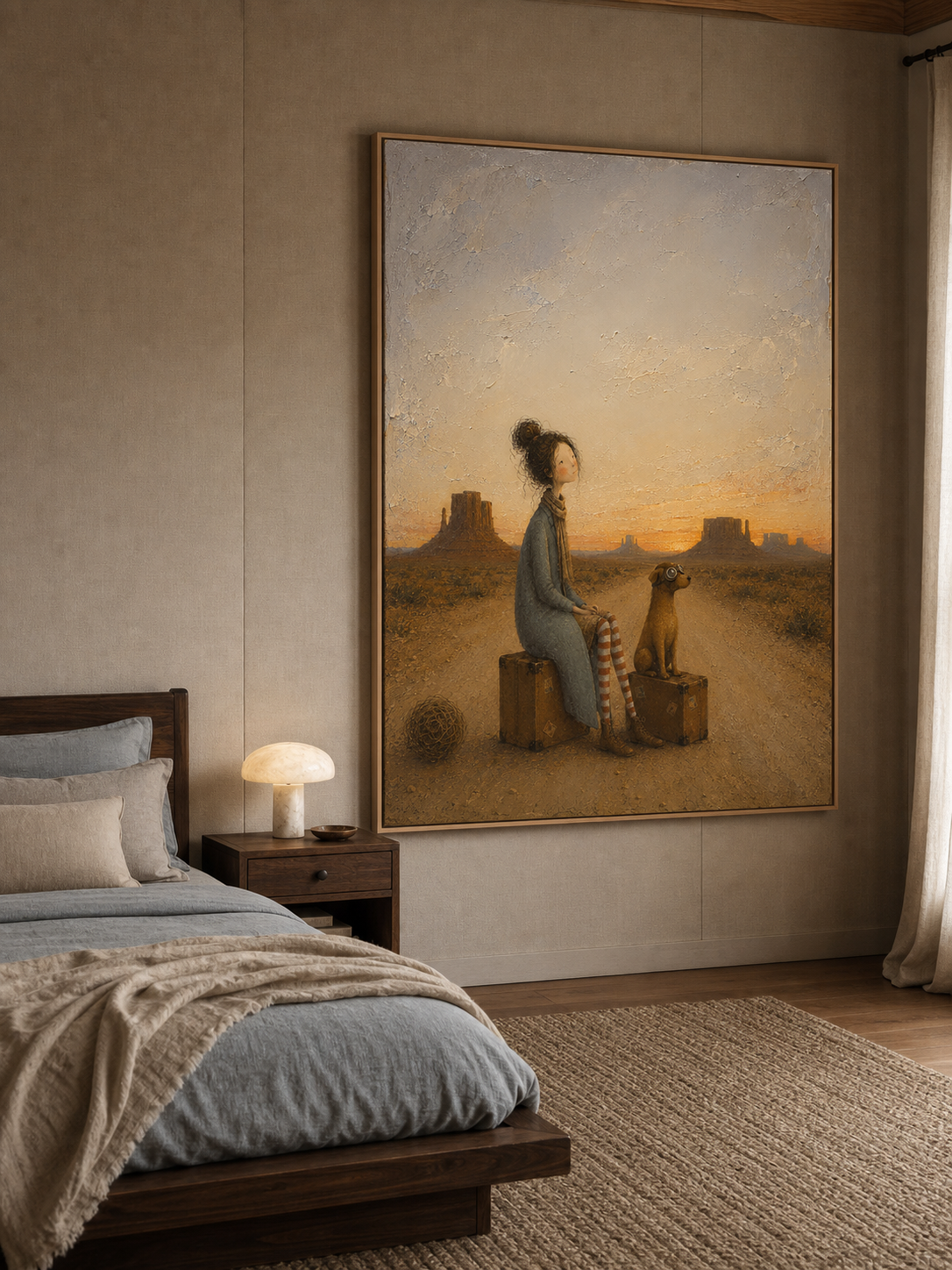 Whimsical Southwestern Desert Travel Art With Girl And Dog For Living Room Wall Decor