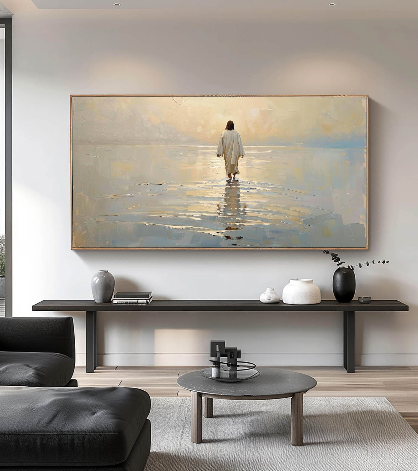 Large Neutral Toned Jesus Walking On Water Painting Pure Hand Drawn Acrylic Painting Of Jesus Original Beige Jesus Wall Art