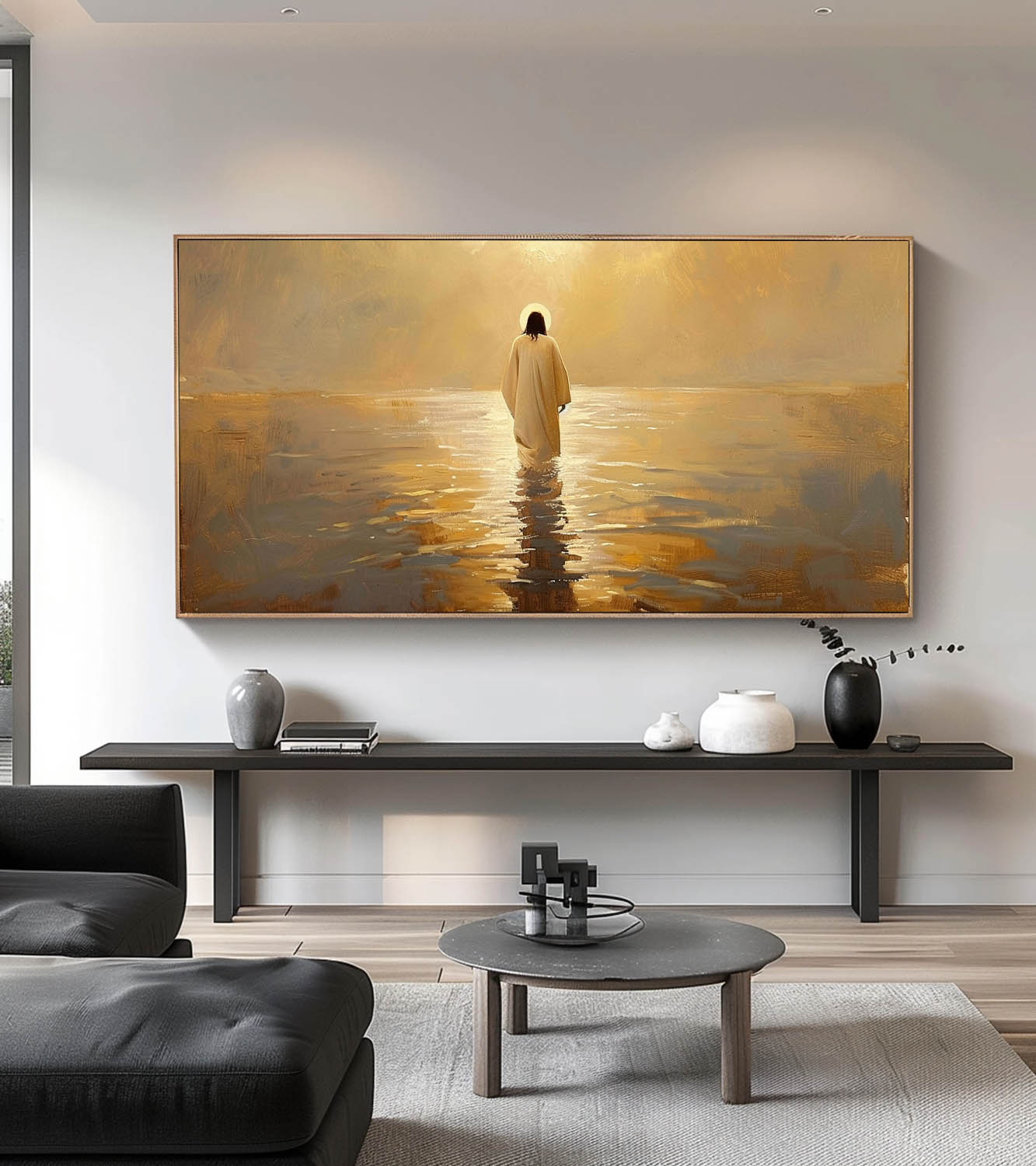 Original Painting Of Jesus On Sea Large Abstract Jesus Walking On Beach Neutral Beige And Gold Jesus Oil Painting