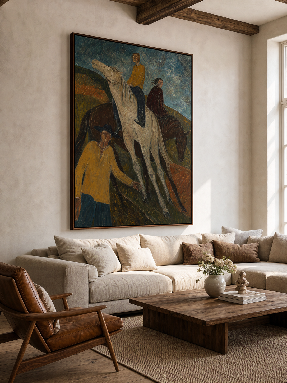 Original Western Horse Riders Oil Painting Large Textured Folk Equestrian Wall Art Canvas