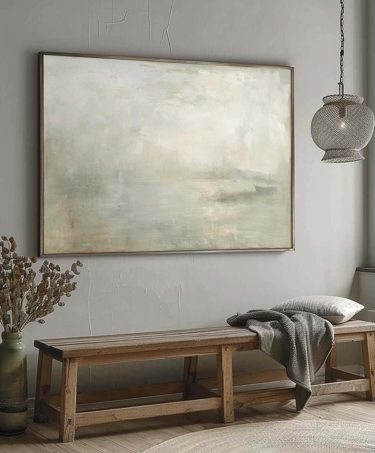 Vintage Rustic Lake Neutral Wall Art Antique River Landscape Painting Vintage Country Lake Painting