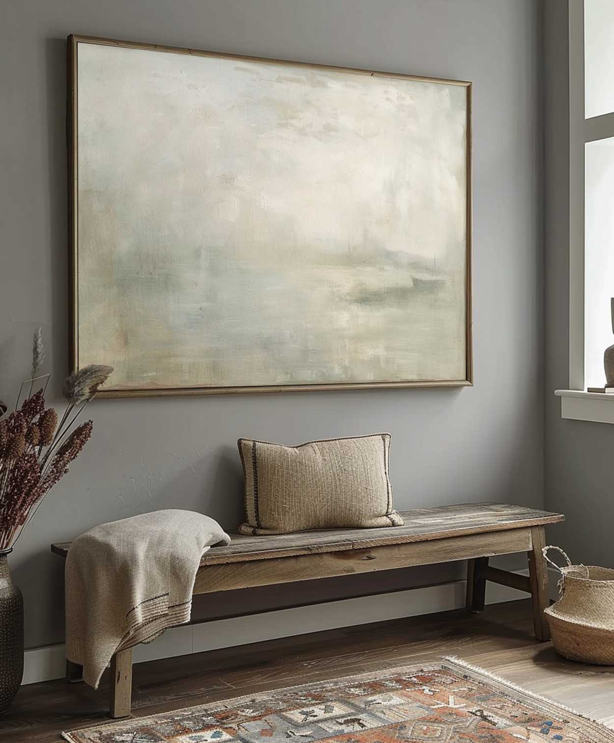 Vintage Rustic Lake Neutral Wall Art Antique River Landscape Painting Vintage Country Lake Painting