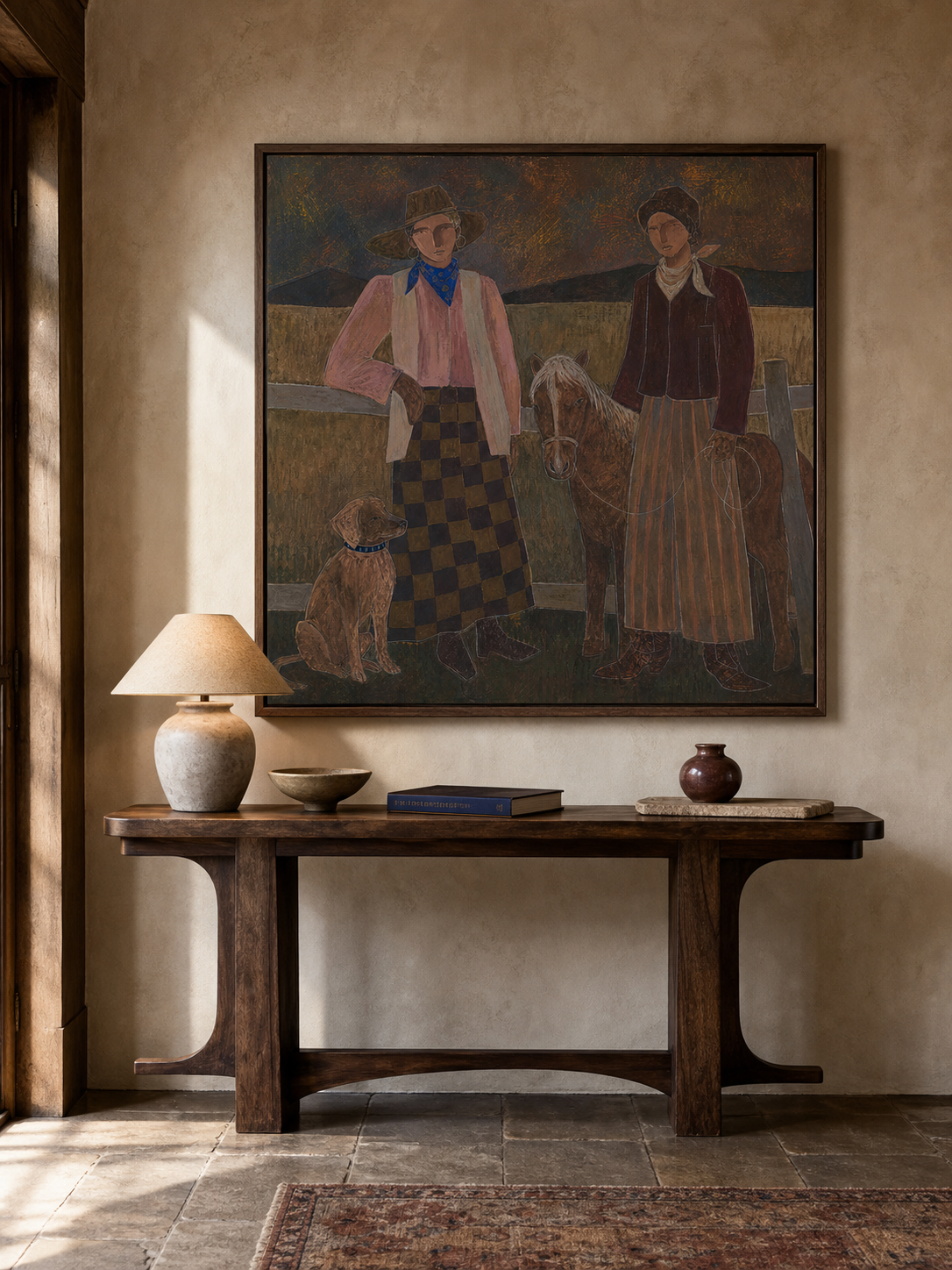 Vintage Western Art Painting With Horse And Dog For Rustic Home Decor