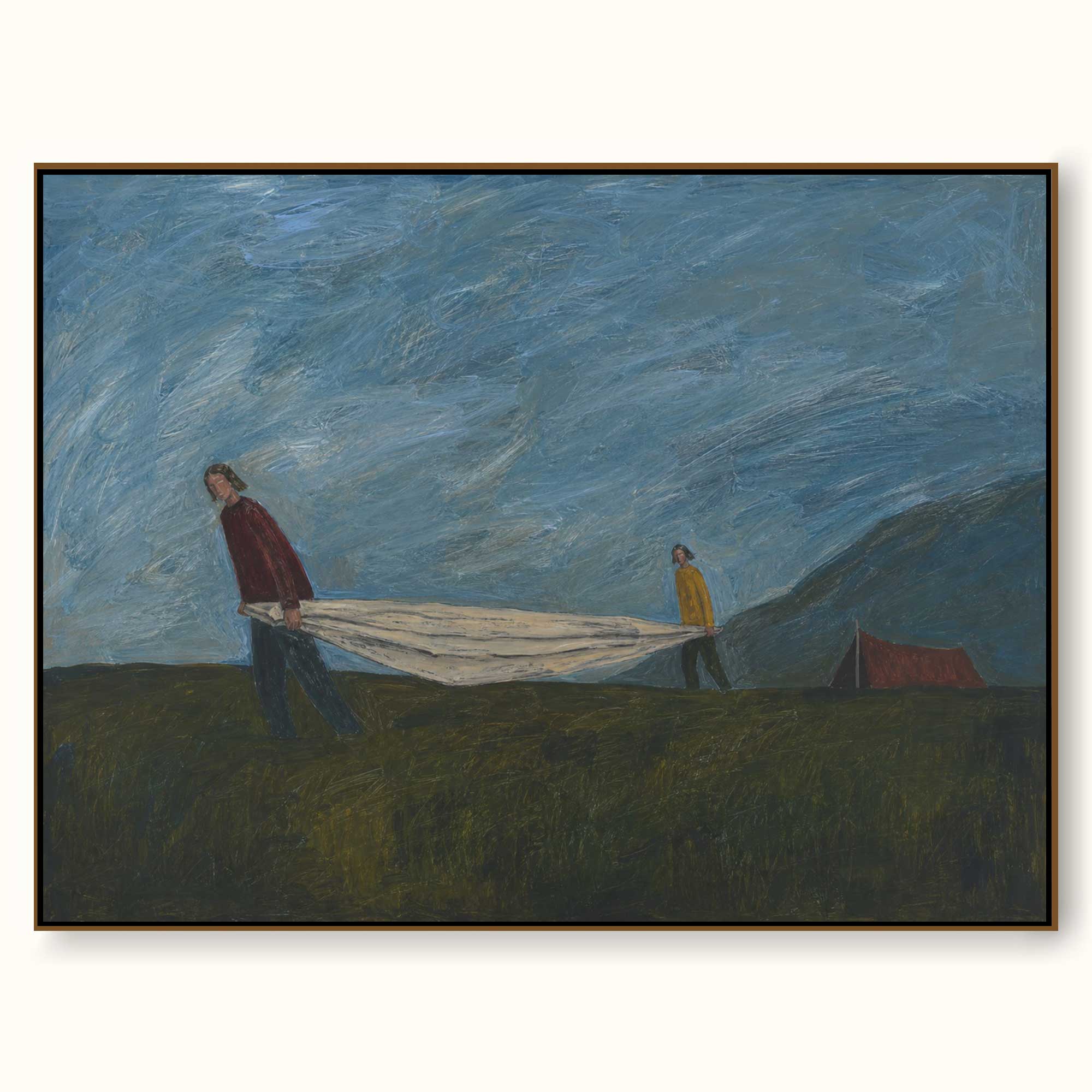 Vintage Folk Art Painting Of Figures In Landscape With Expressive Brushwork