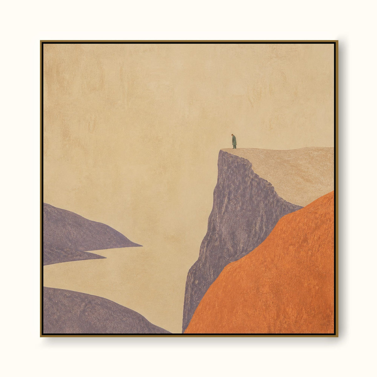 Hand Painted Minimalist Coastal Cliff Oil Painting With Tiny Figure Wall Art