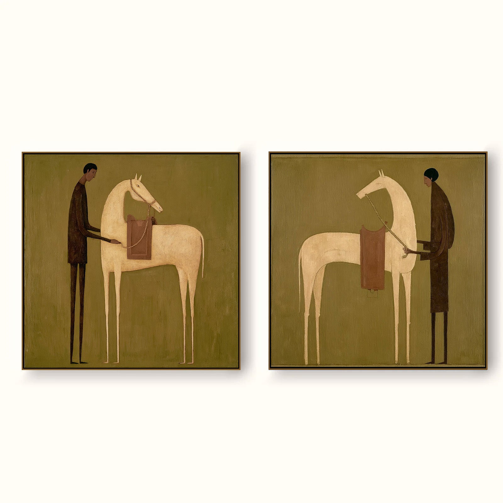Vintage Equestrian Oil Painting Set Of Two Beige Brown Wall Art For Living Room