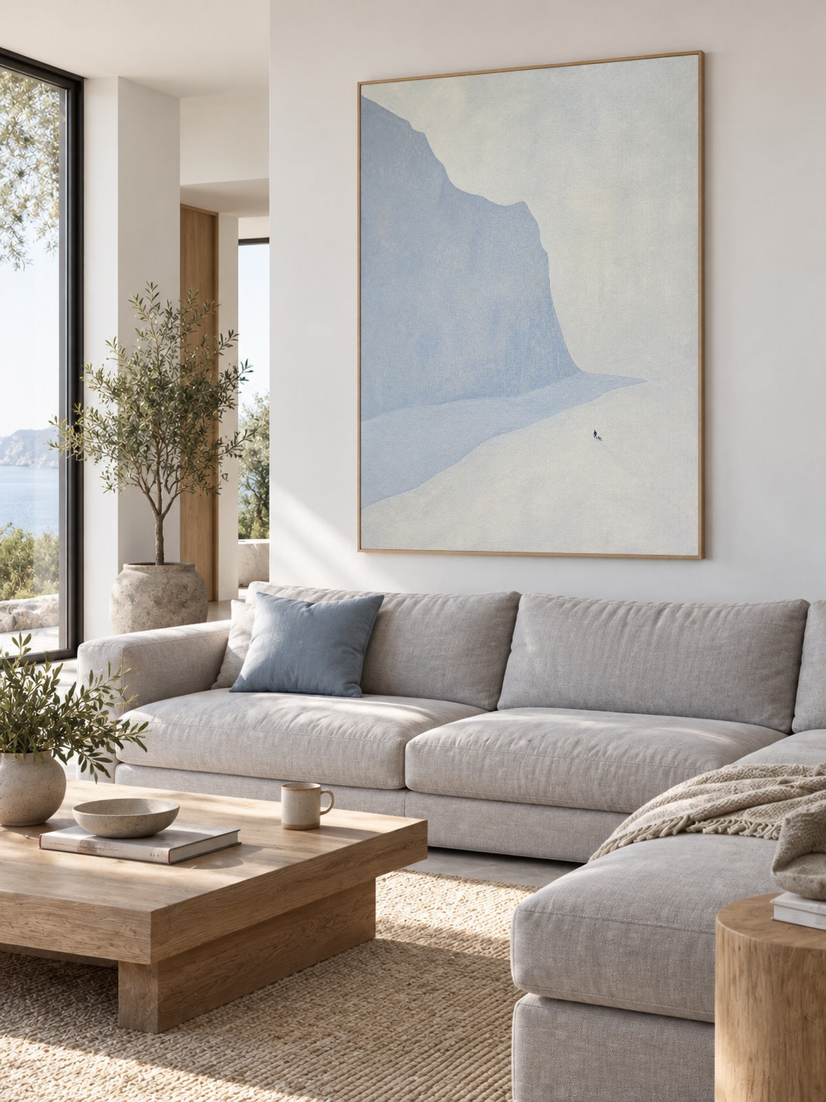 Minimalist Blue Ice Cliff Canvas Art With Lone Traveler For Bedroom Decor
