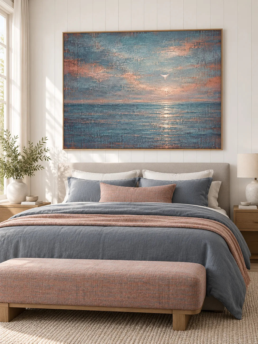 Hand-Painted Teal Seascape Canvas Art With Bird For Modern Wall Decor