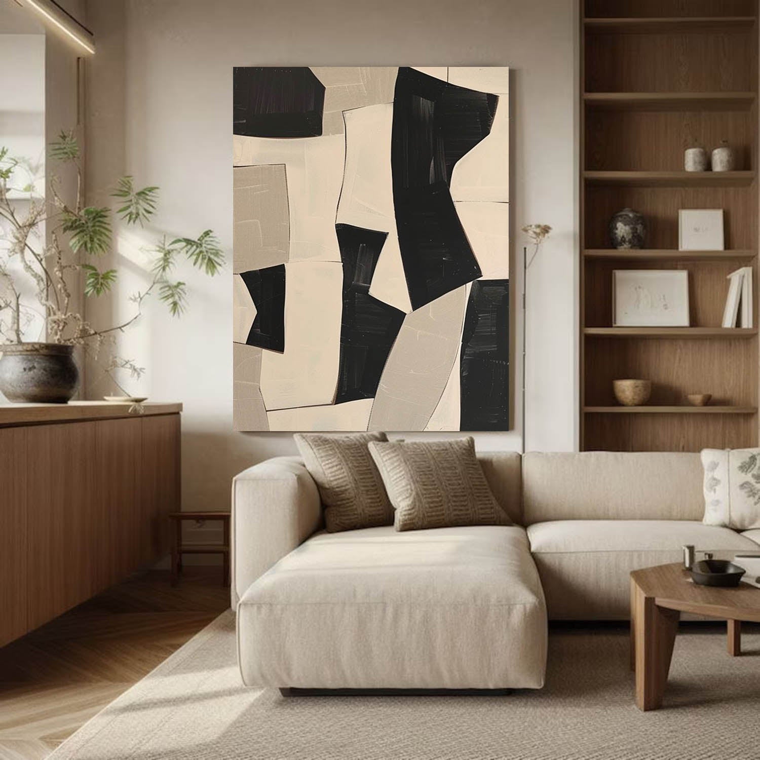 Minimalist Beige Abstract Painting On Canvas Beige And Black Abstract Oil Painting