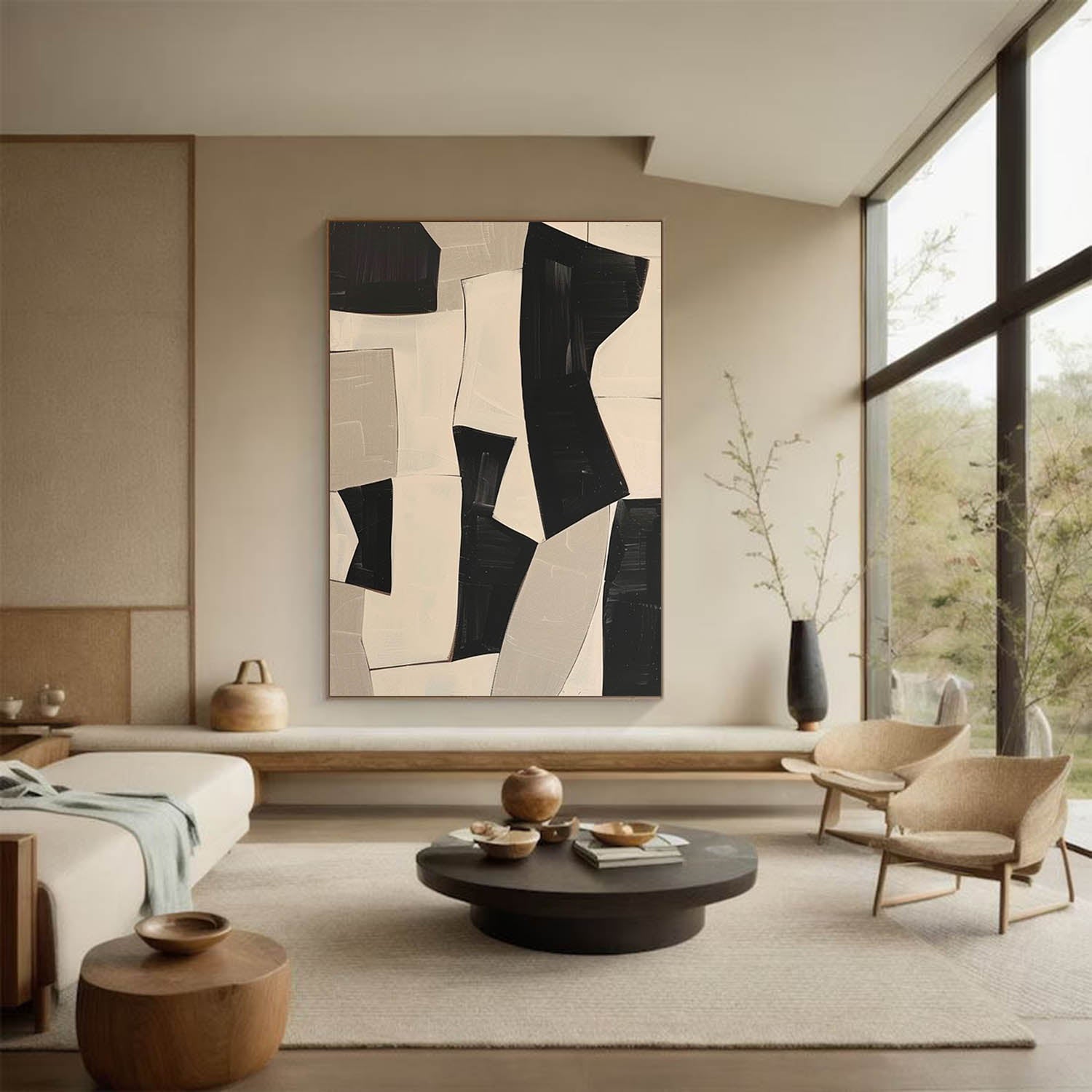 Minimalist Beige Abstract Painting On Canvas Beige And Black Abstract Oil Painting