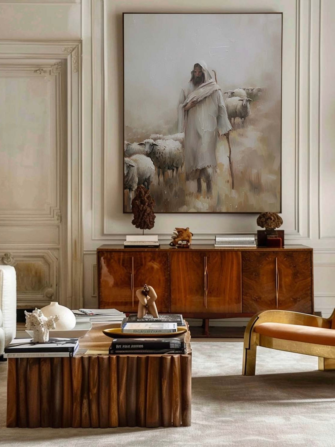 Minimalist Christian Canvas Art Jesus Christ The Shepherd Wall Art Hand Drawn Neutral Tone Jesus Oil Painting