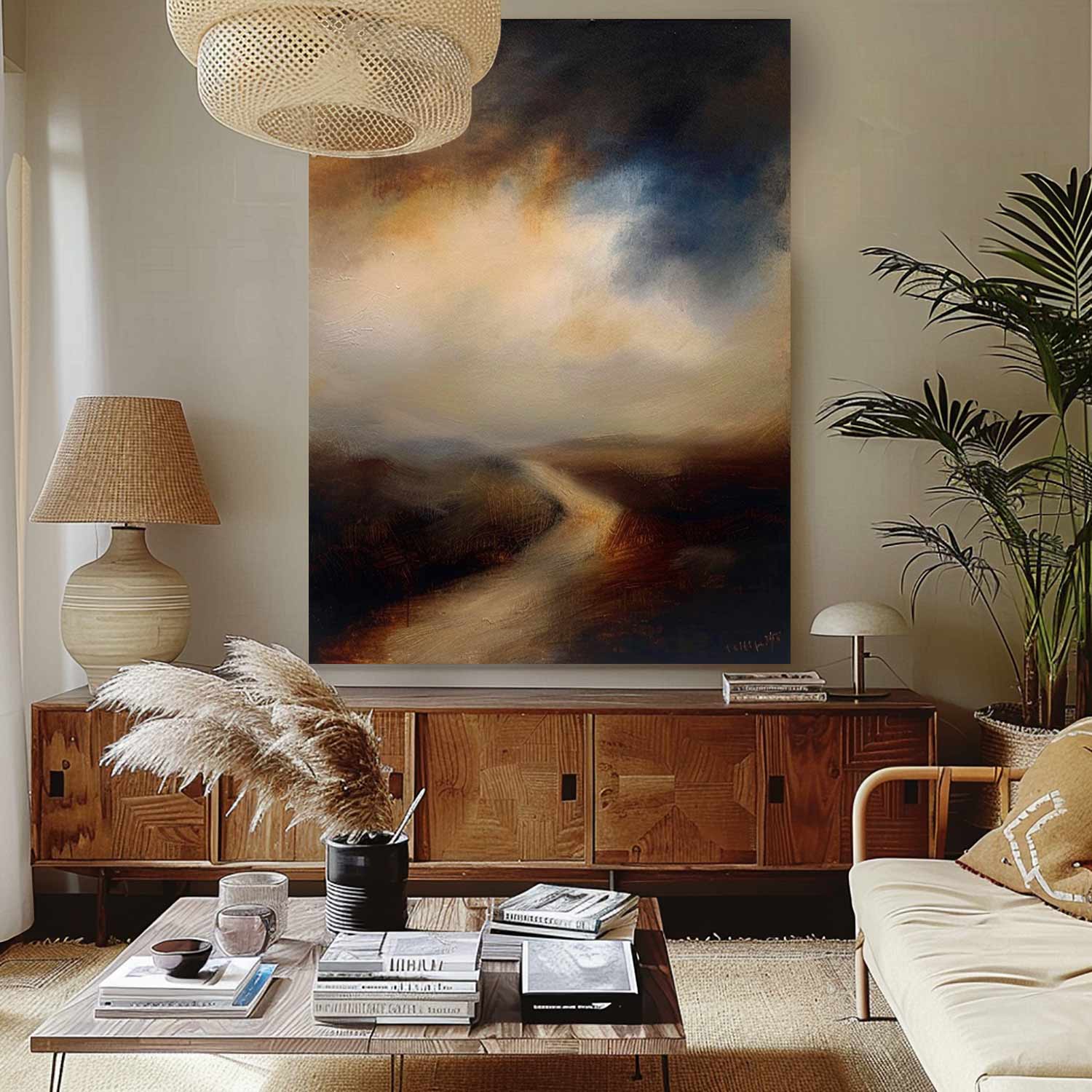 Vintage Rustic Landscape Home Decor Retro Brown Lake Landscape Painting Minimalist Neutral Lakeview Wall Art