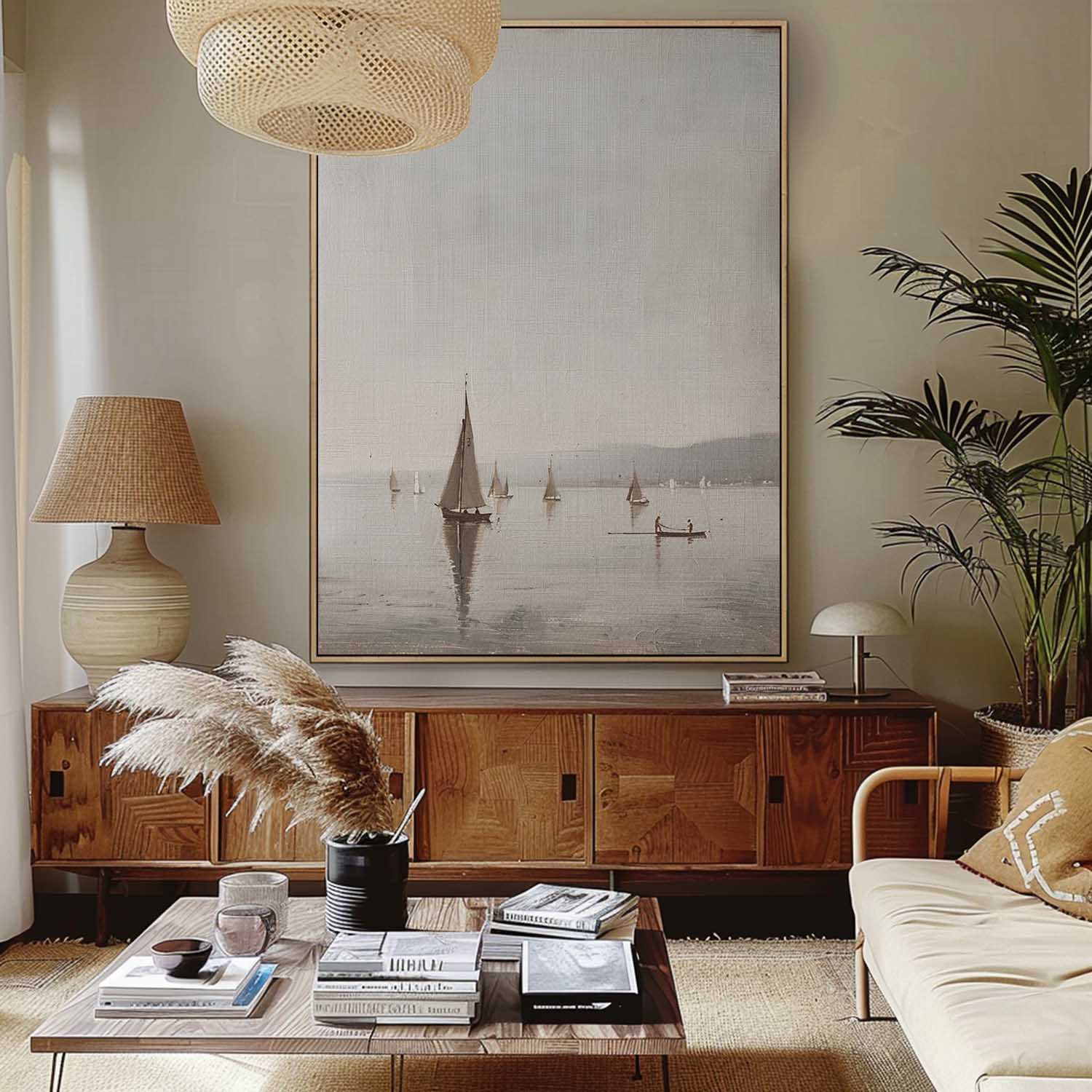 Vintage Sailboat Painting Vintage Coastal Boat Painting Sailing Harbor Shore Artwork Vintage Sailing Ship Painting