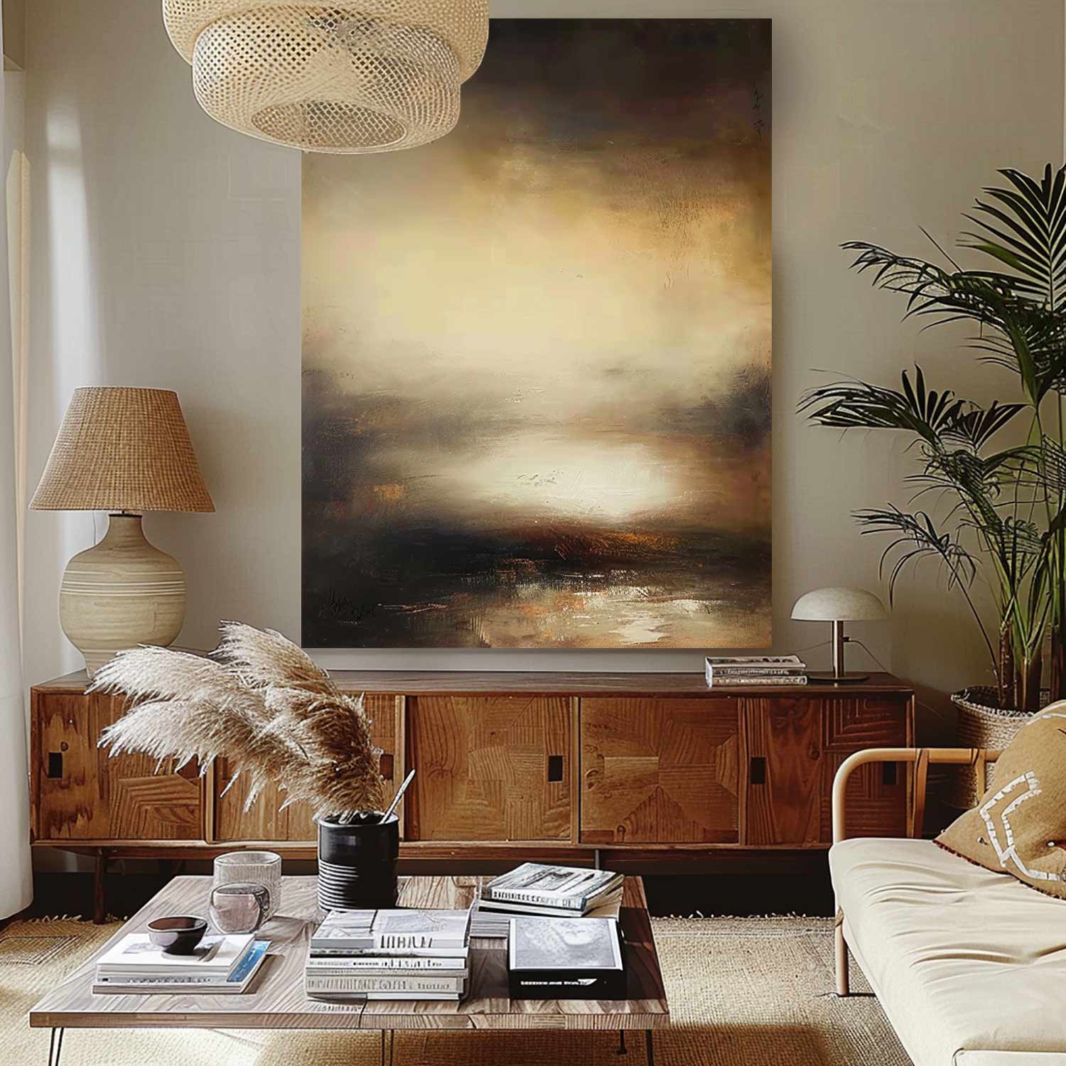 Vintage Landscape Abstract Wall Art Original Brown And Beige Minimalist Painting Retro Large Brown And Beige Painting