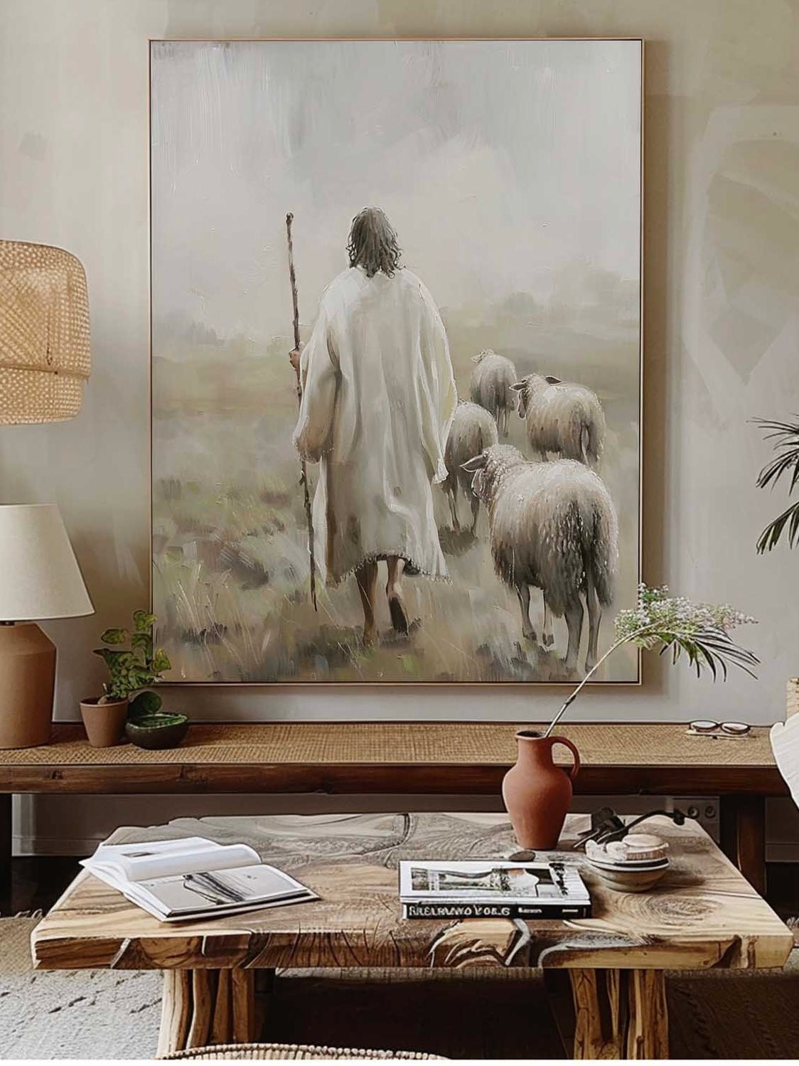 Jesus Christ Shepherd Oil Painting Original Jesus Shepherd Wall Art Neutral Tone Jesus Acrylic Painting