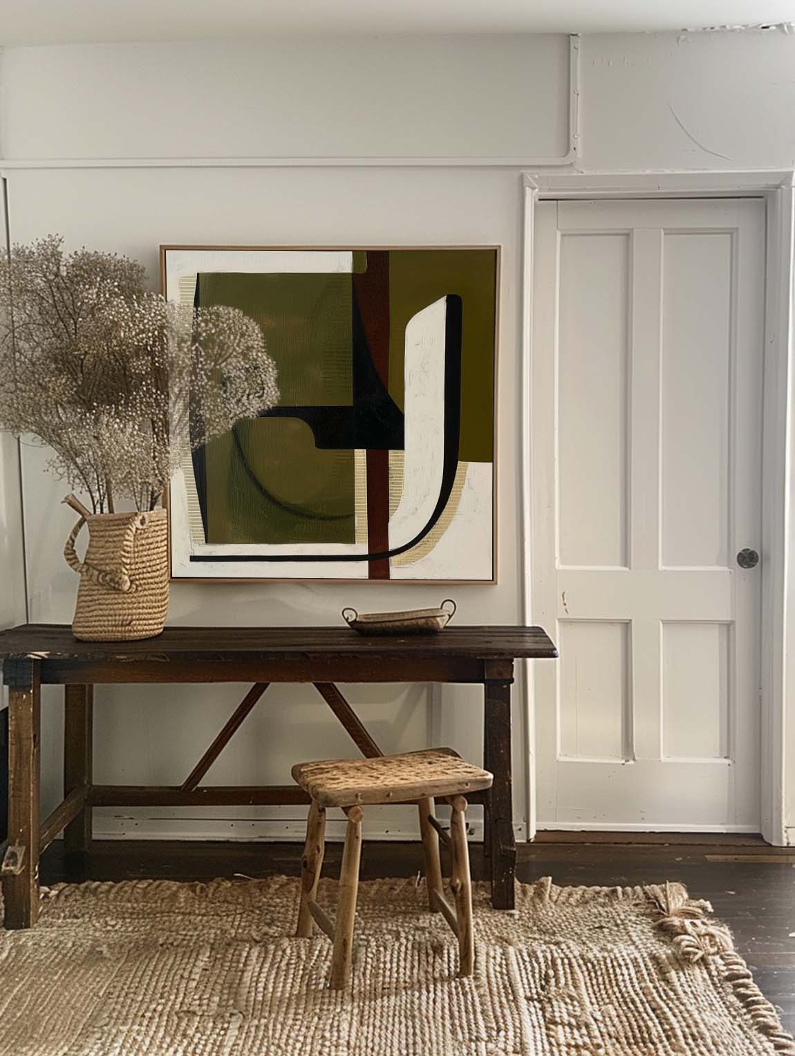 Vintage Minimalist Green Abstract Wall Art Neutral Beige Green Abstract Painting Large Green And Beige Wall Art