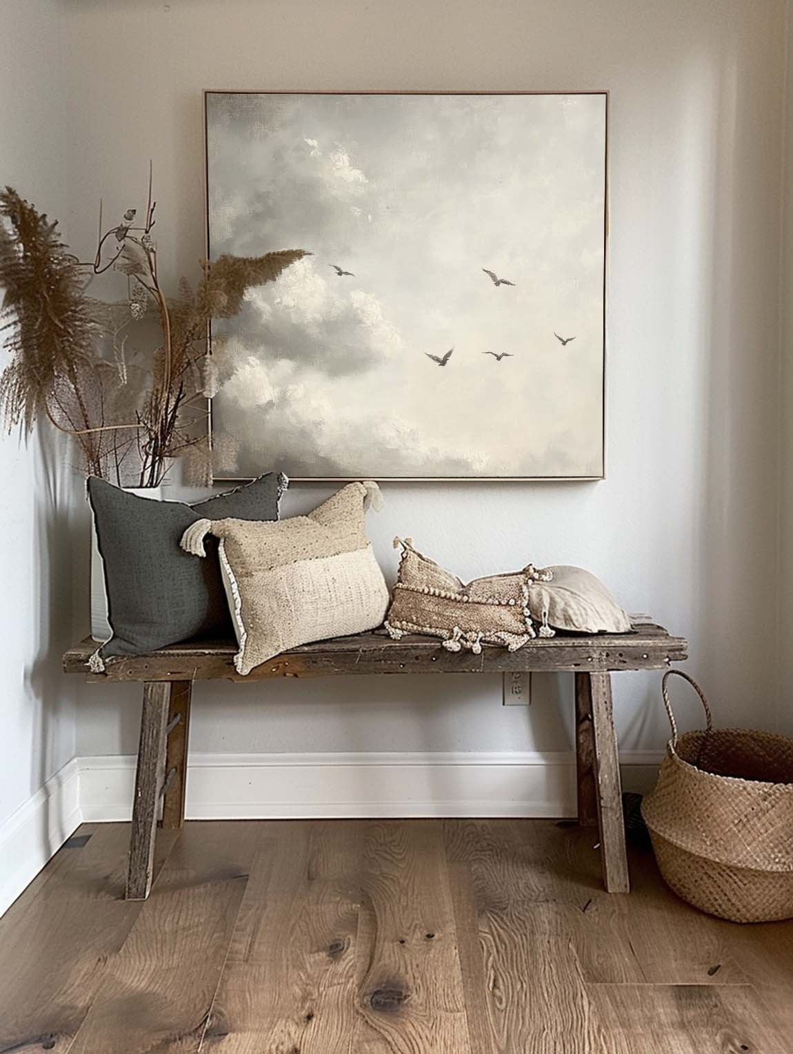 Vintage White Cloud Landscape Painting Rustic Vintage Country Oil Painting On Canvas Clouds And Birds Painting