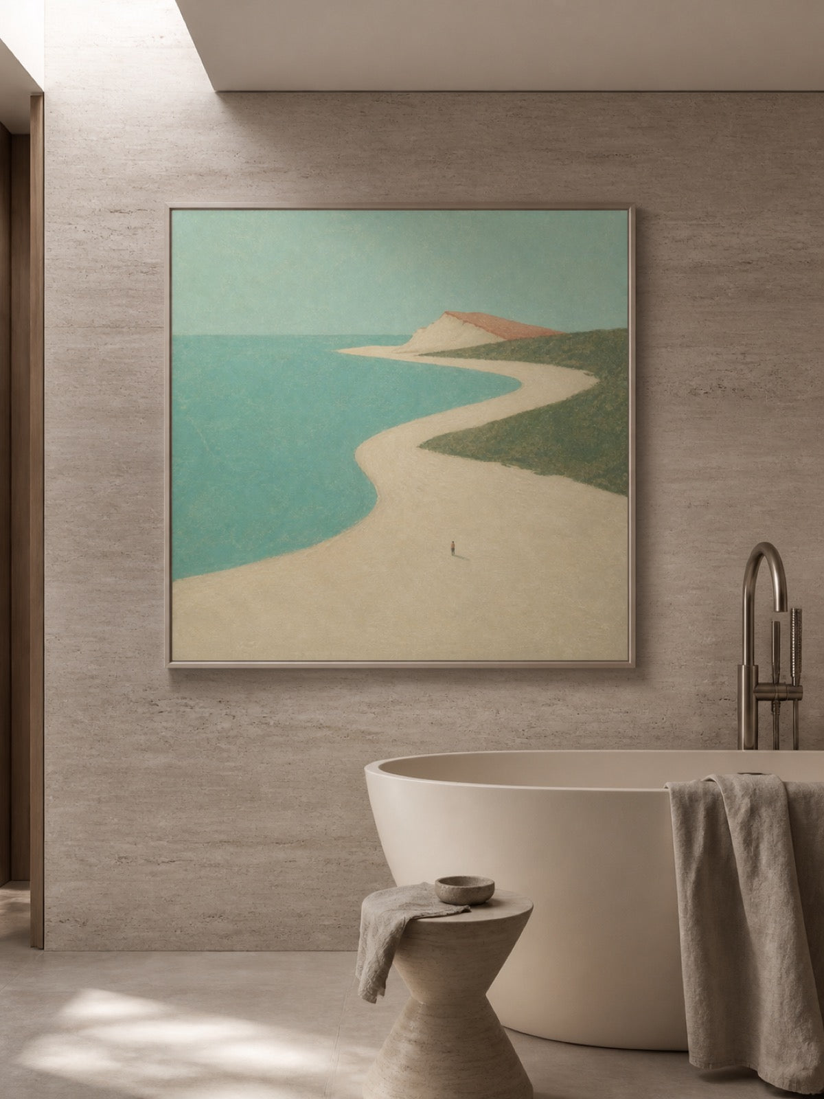 Hand Painted Minimalist Abstract Beach Figure Painting Large Coastal Wall Art