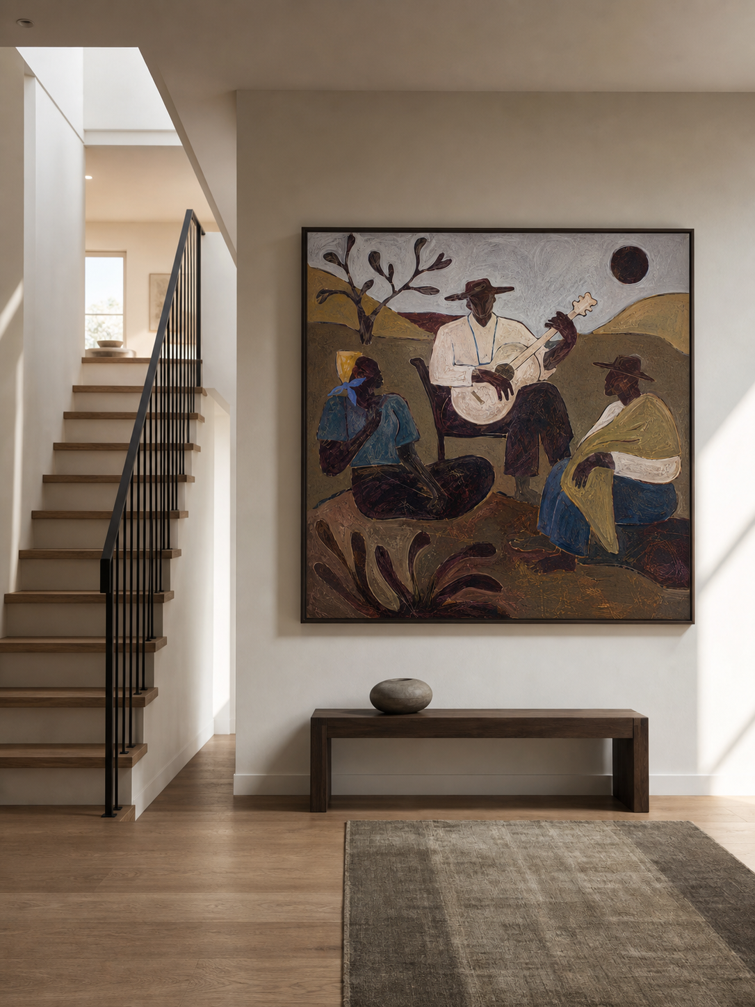 Original Folk Music Painting With Moonlight Scene Oil Painting Large Rustic Southwestern Wall Art