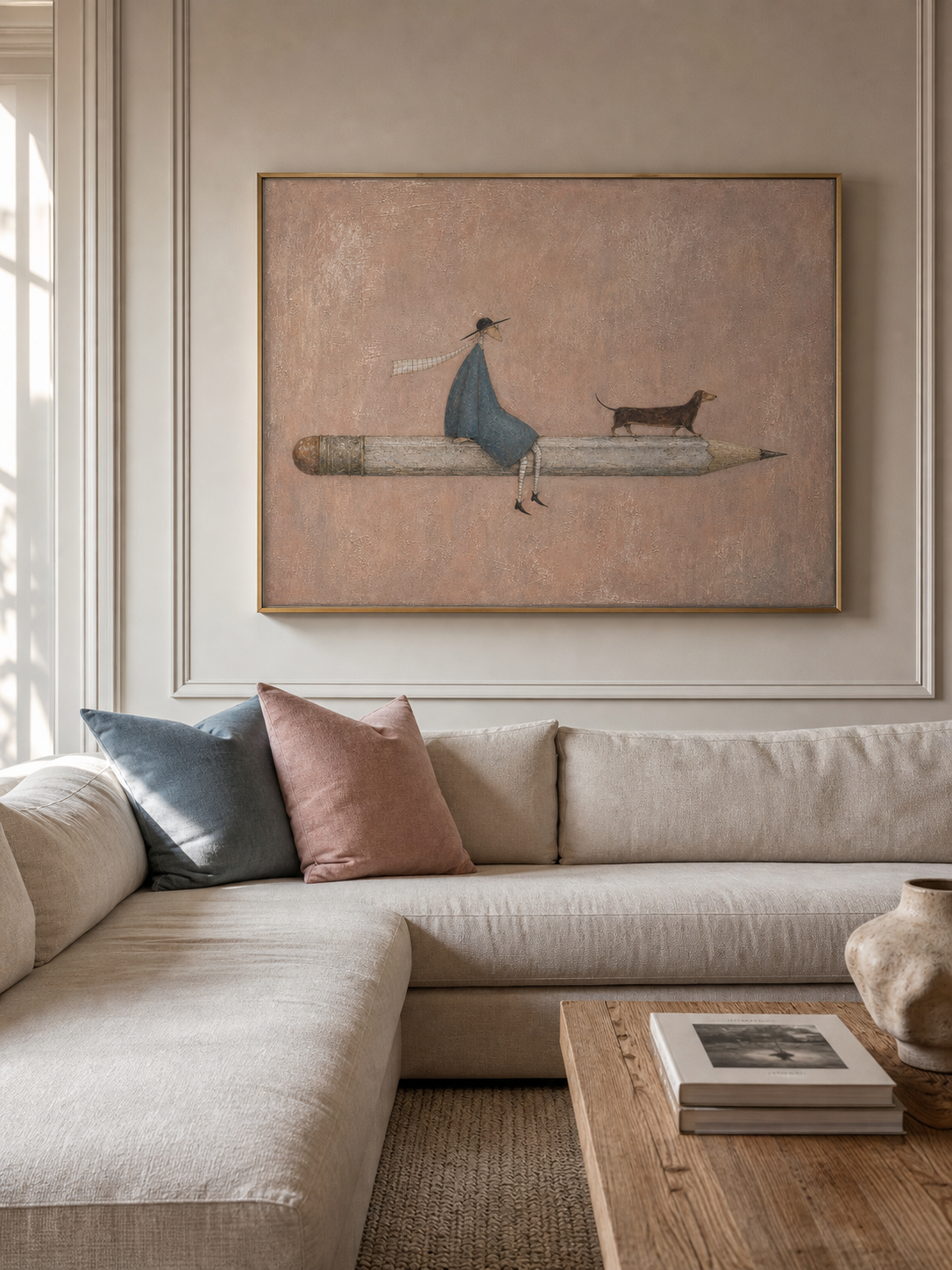 Quirky Dachshund And Girl On Pencil Painting Hand Made Canvas Art For Home Office Decor