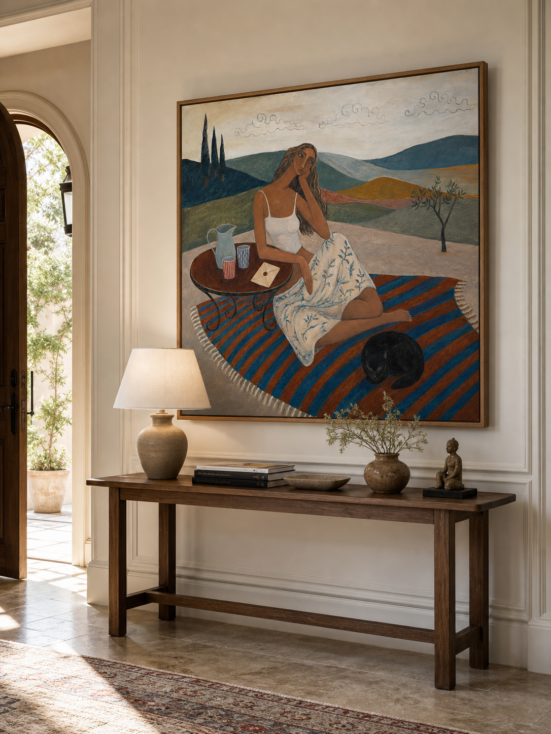 Mediterranean Vintage Oil Painting Of Woman In Countryside With Cat And Blue Rug
