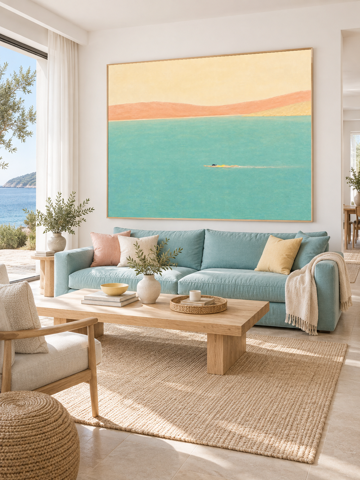 Minimalist Open Water Canvas Art With Lone Swimmer And Warm Coastal Horizon