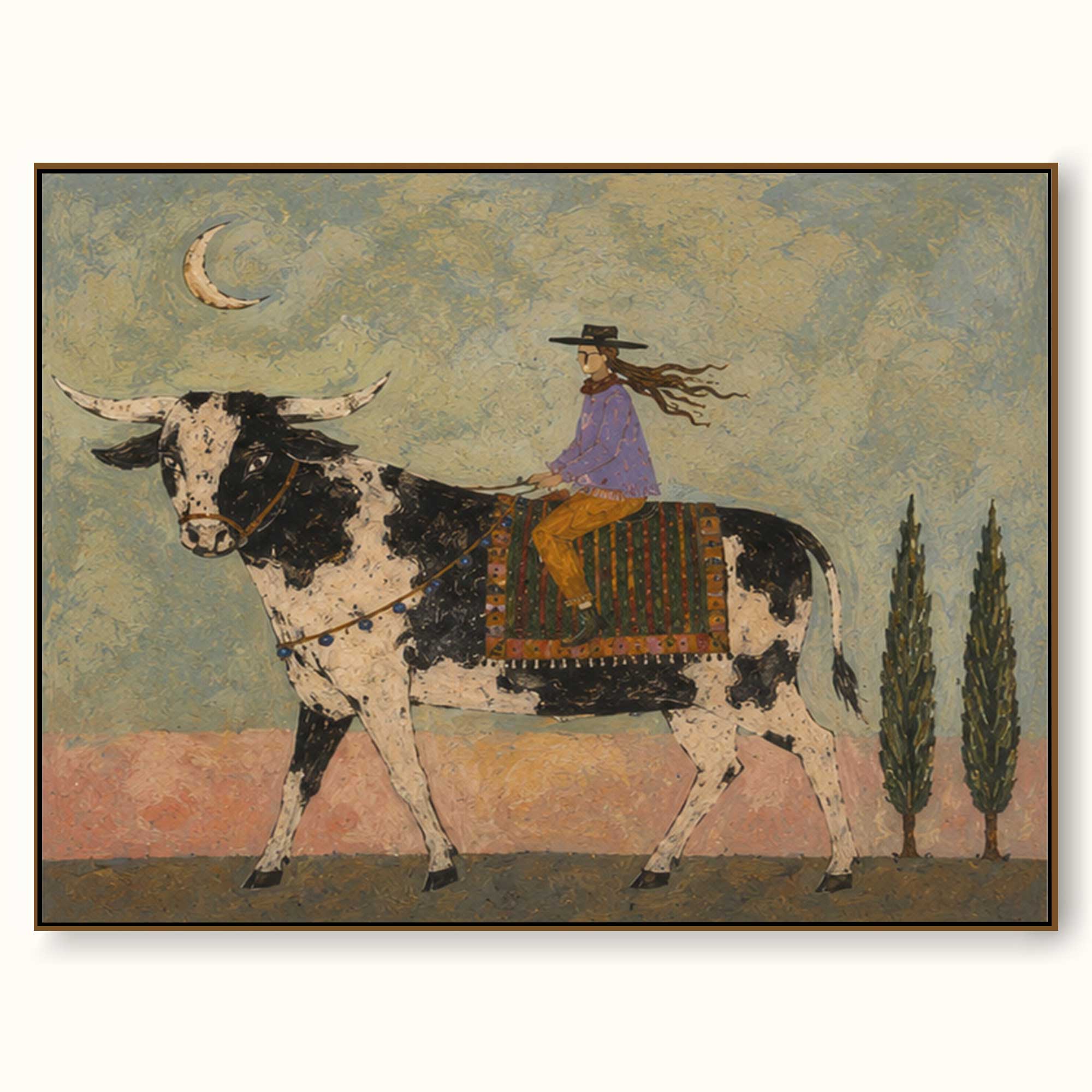 Hand Painted Western Folk Art Bull Rider Canvas For Rustic Home Decor