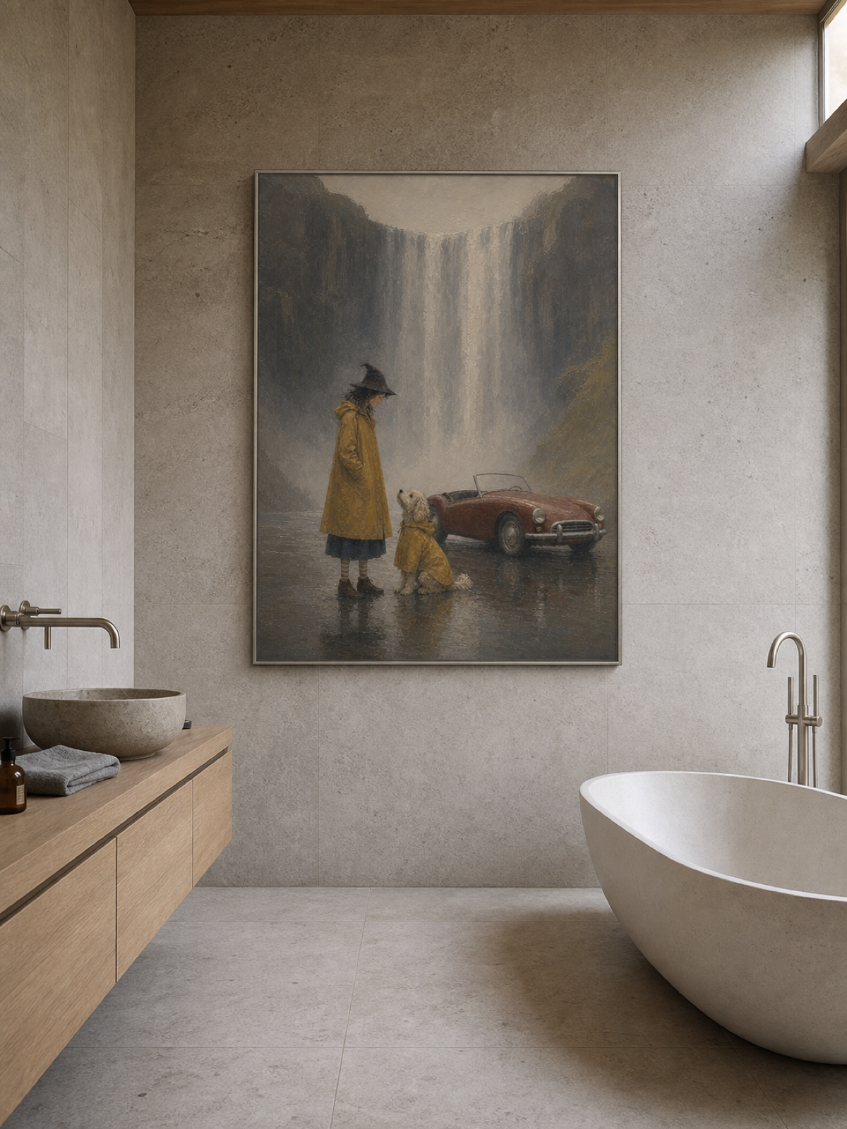 Hand Painted Vintage Adventure Painting With Dog Waterfall Travel Story Art