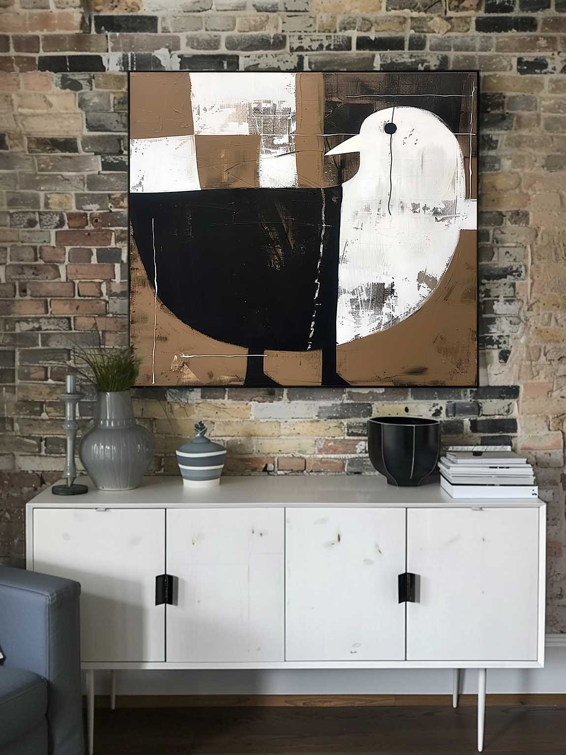 Vintage Black And White Dove Canvas Art Large Abstract Minimalist Bird Painting Retro Dove Wall Art