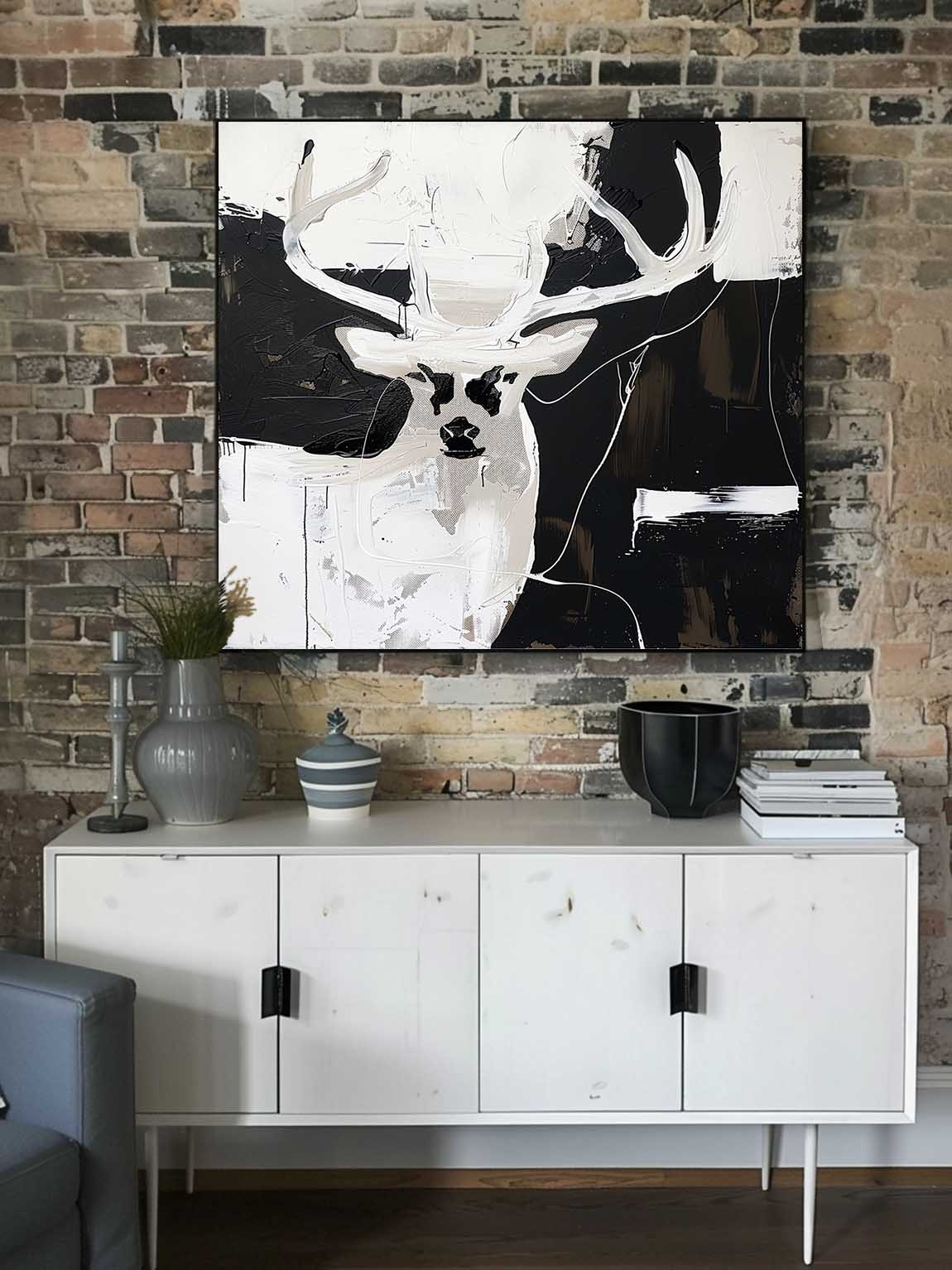 Vintage-Inspired Neutral Deer Painting Black And White Deer Painting Large Black And White Abstract Canvas Art