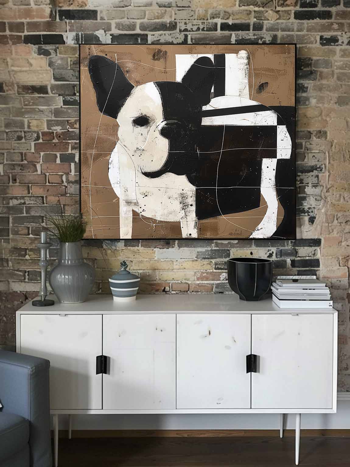 Vintage Black and White Dog Canvas Art Black And White Dog Art On Brown Canvas Vintage Wall Art