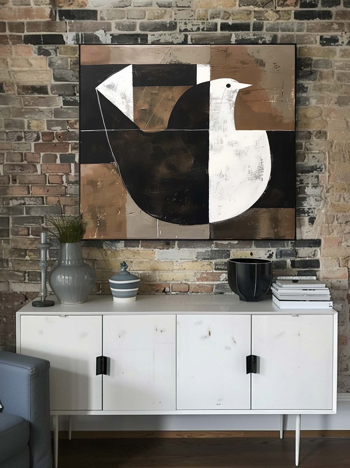 Retro Neutral Dove Painting On Canvas Retro Black & White Dove Canvas Art Vintage Minimalist Dove Painting