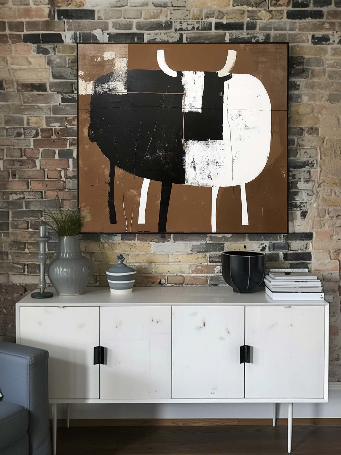 Large Vintage Wabi Sabi Black & White Canvas Art Retro Abstract Canvas Painting Large Canvas Wall Decor