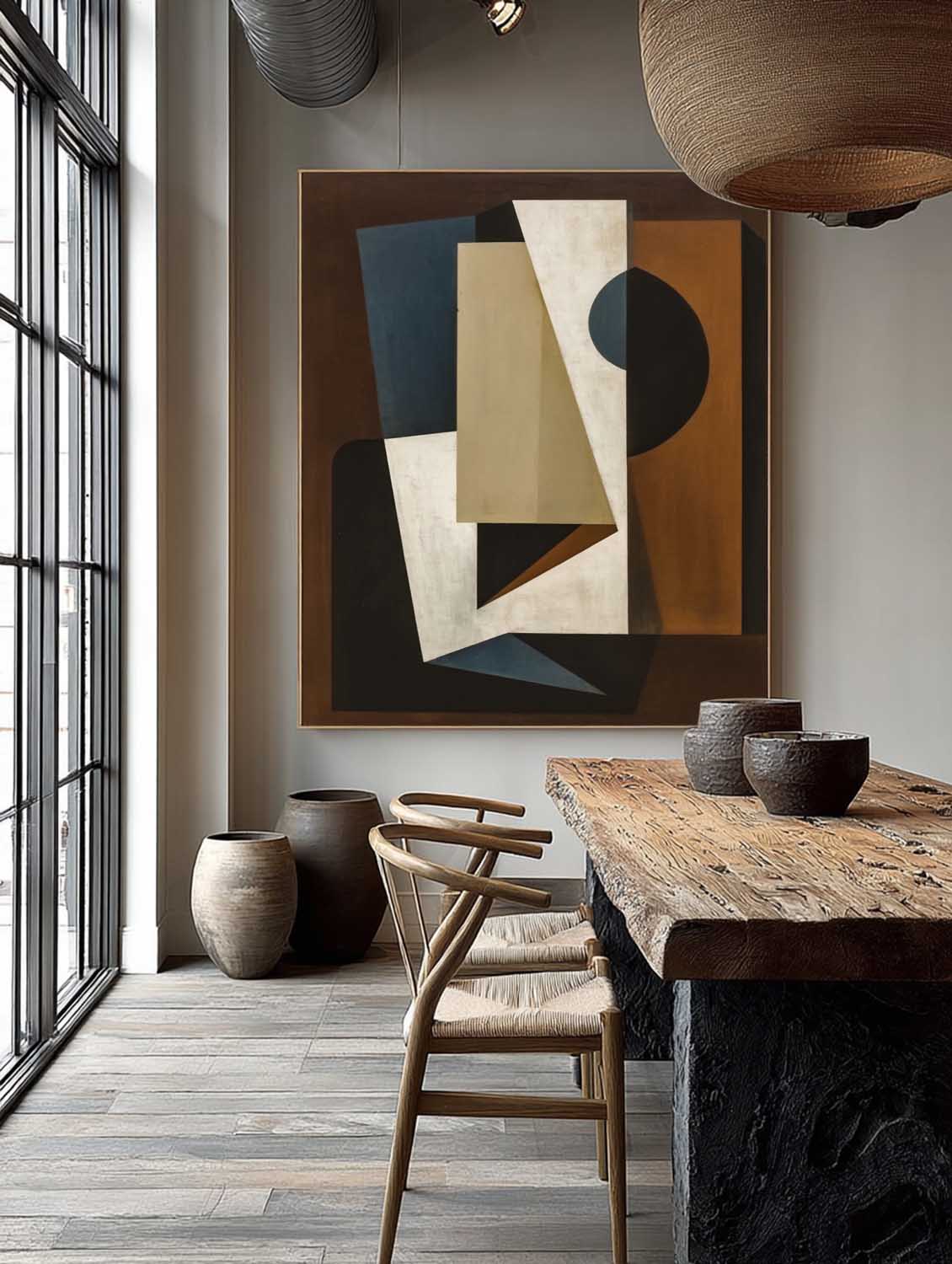 Large Minimalist Geometric Painting Abstract Earth Tone Wall Art Original Geometric Dark Oil Artwork