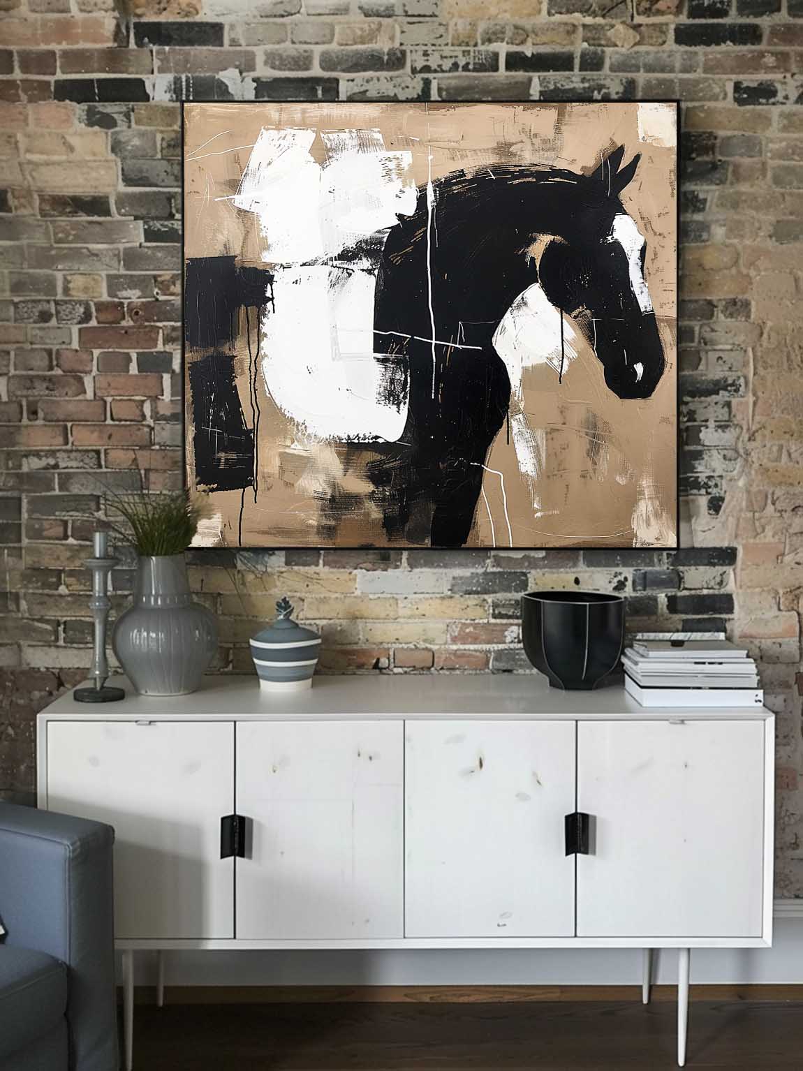 Vintage White Horse Oil Painting Black and White Abstract Horse Oil Painting on Canvas Black Abstract Painting